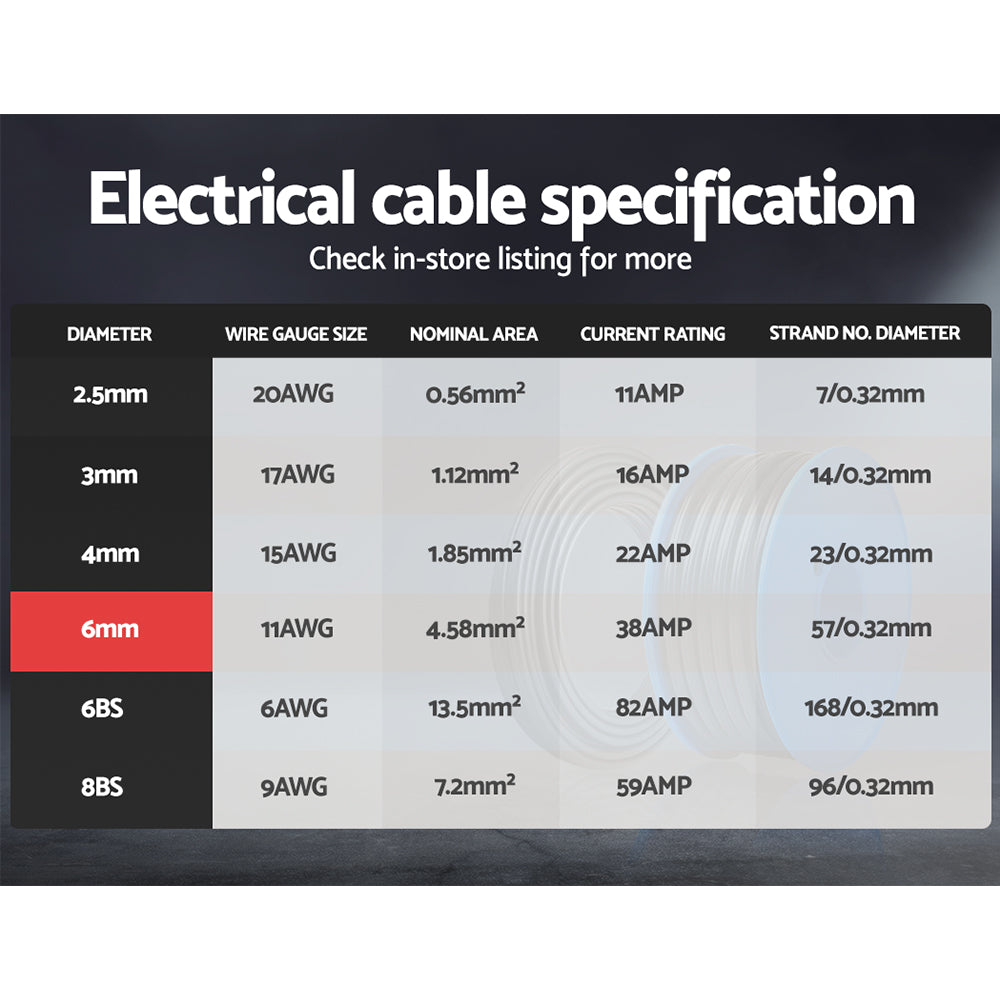 Giantz 6MM 10M Twin Core Wire Electrical Cable Extension Car 450V 2 Sheath