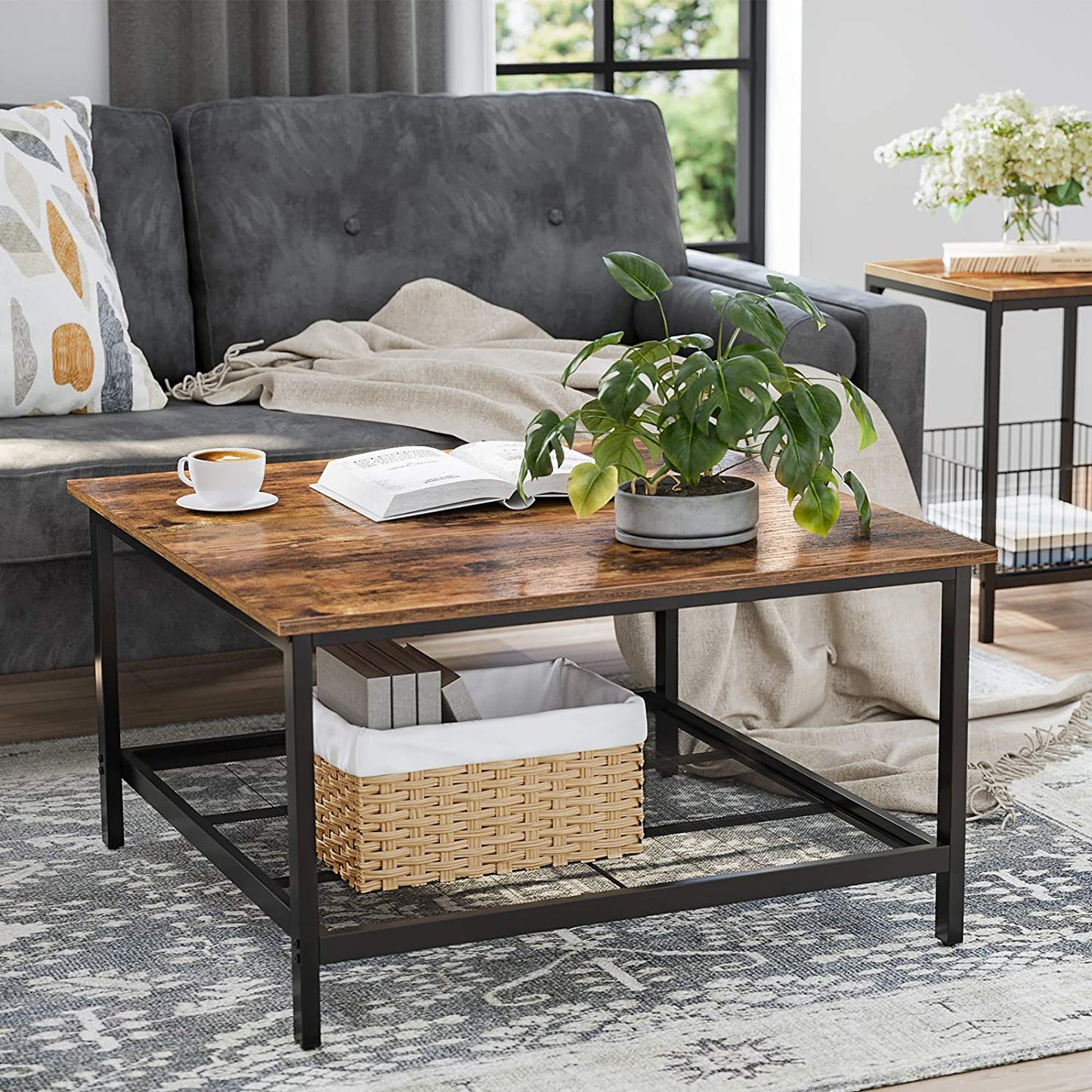 Robust Coffee Table Steel Frame and Mesh Storage Shelf, Rustic Brown and Black