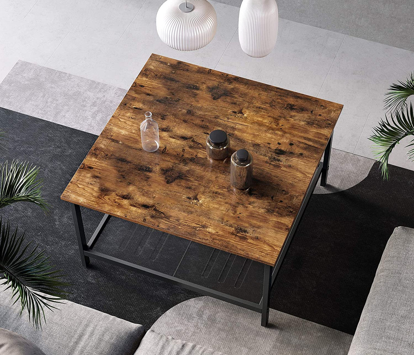 Robust Coffee Table Steel Frame and Mesh Storage Shelf, Rustic Brown and Black