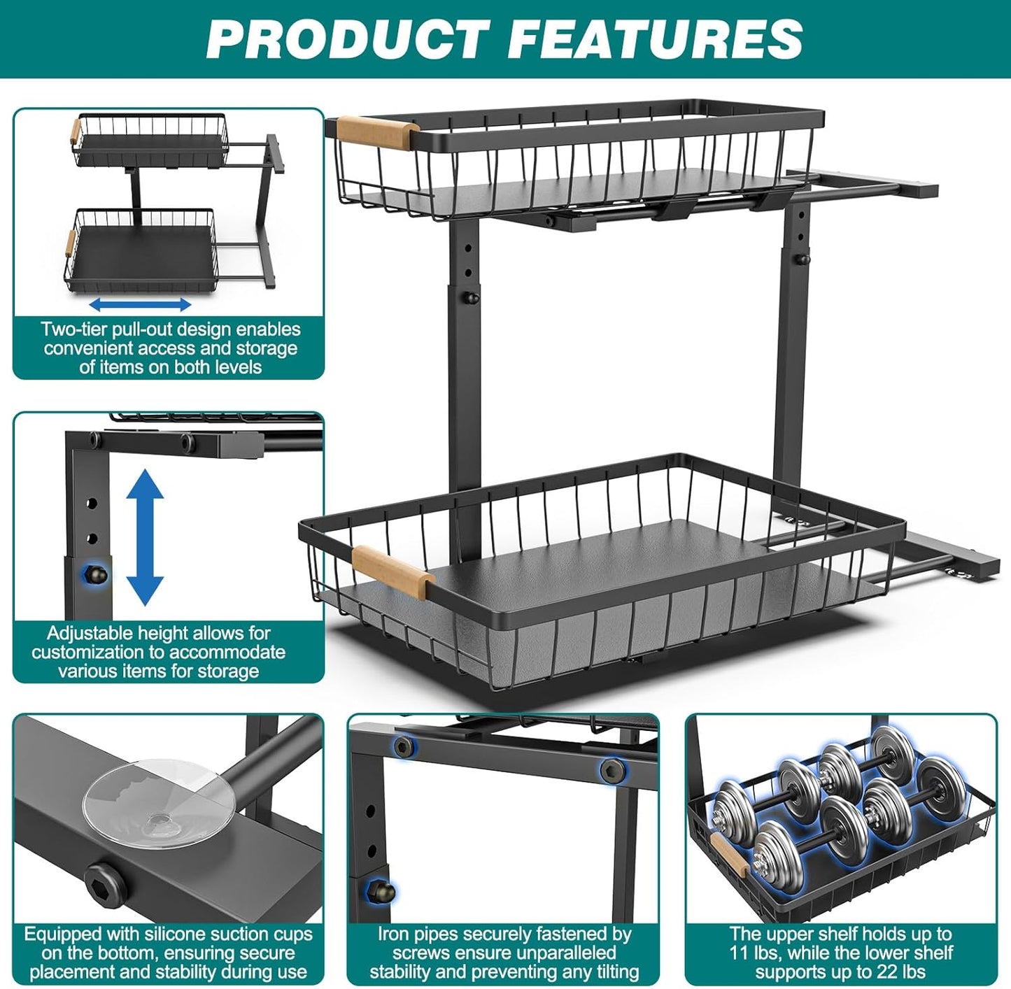 Set 2 pcs - 2-Tier Kitchen Under Sink Organiser Storage with Height Adjustable, Unique Slide Rail & Suction Cups for Storage