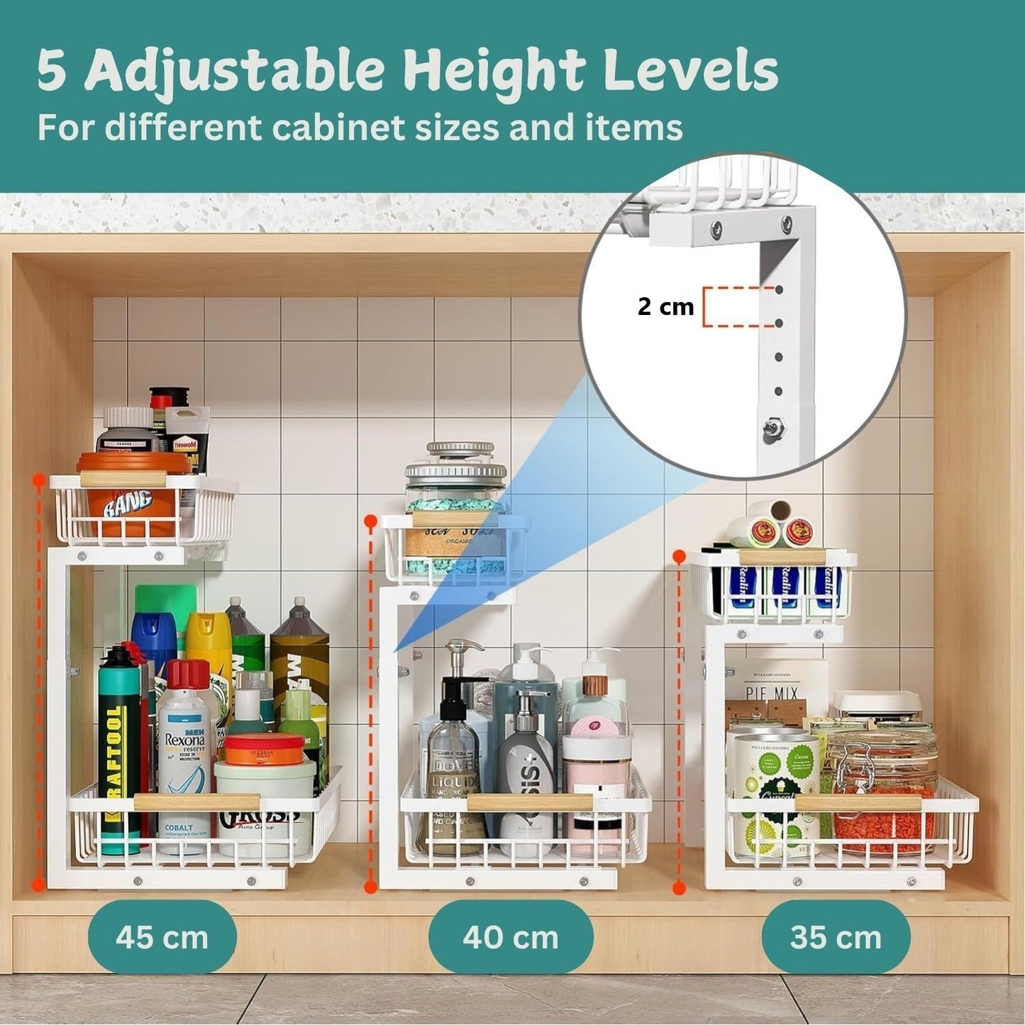 Set 2 pcs - 2-Tier Kitchen Under Sink Organiser Storage with Height Adjustable, Unique Slide Rail & Suction Cups for Storage