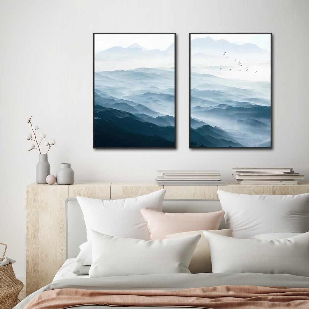 Wall Art 60cmx90cm Blue mountains 2 Sets Black Frame Canvas