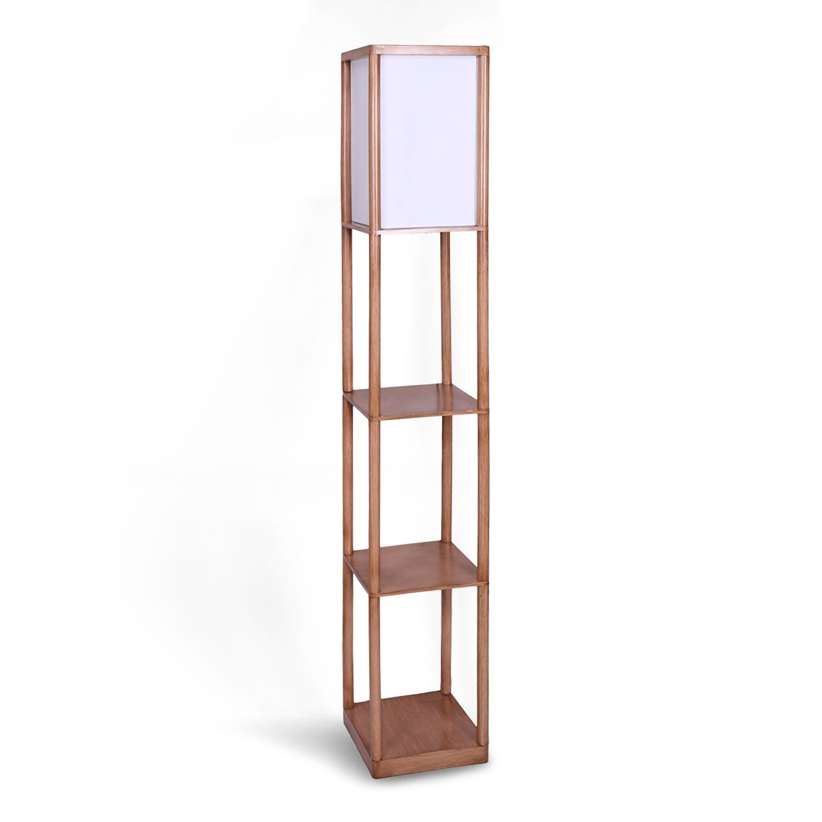 Sarantino Etagere Floor Lamp Ghost-White Fabric Shade in Wood Finish
