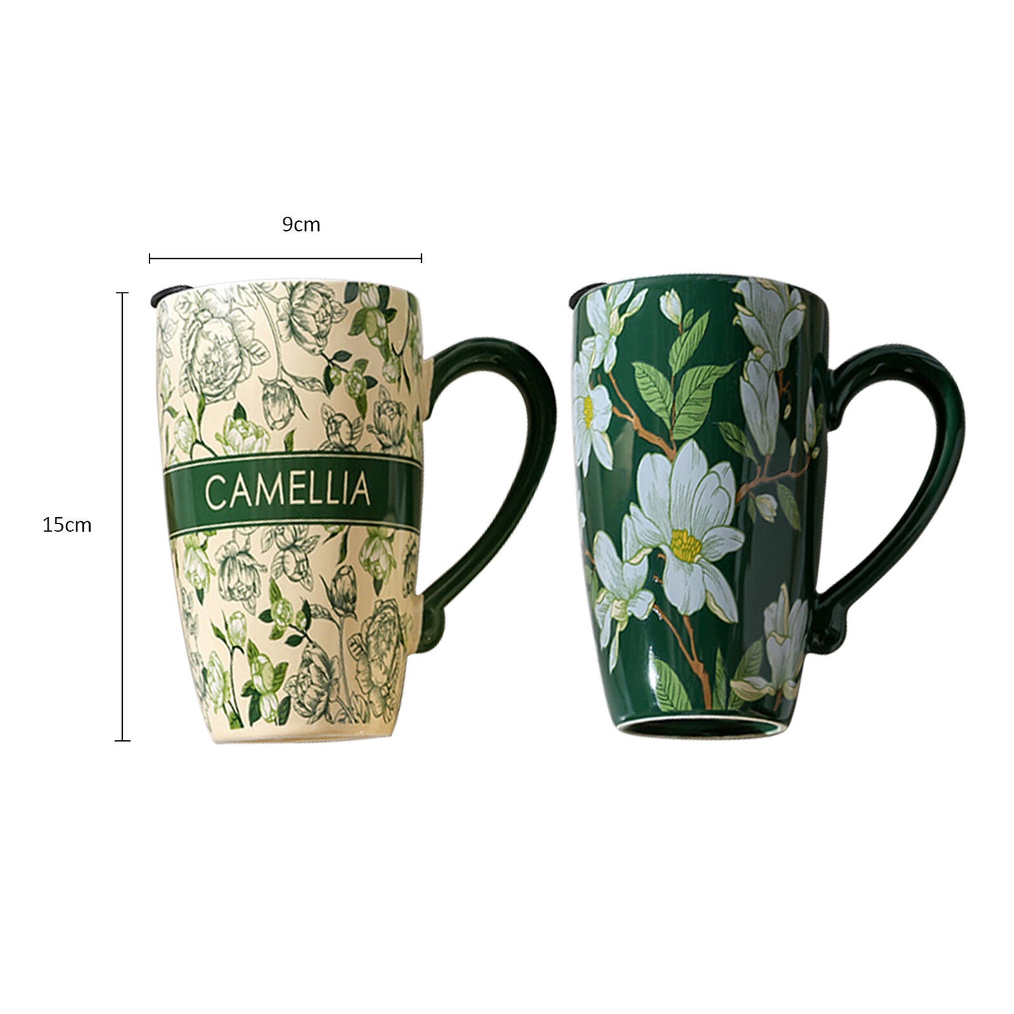2X High-Fired Ceramic Porcelain Mug with Travel Lid 600ml Vintage Floral GREEN