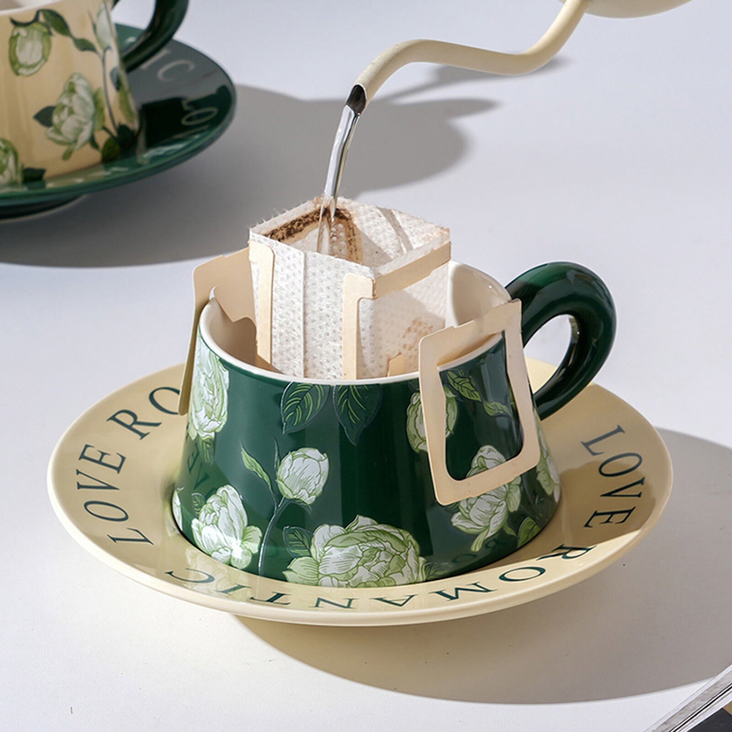 2X High-Fired Ceramic Porcelain Cup & Saucer Set 300ml Vintage Floral Tea Spoon GREEN