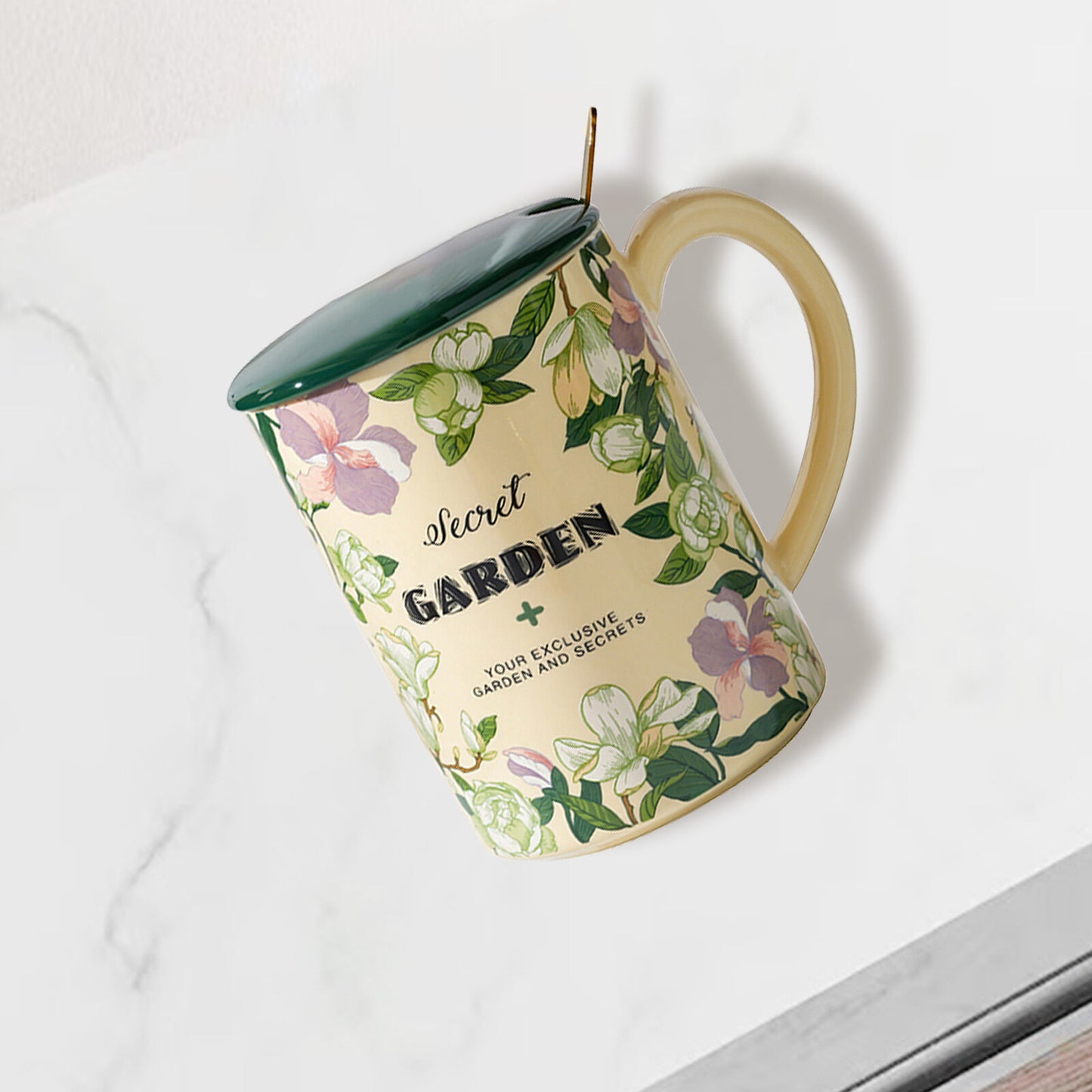 2X High-Fired Ceramic Porcelain Mug Set with Lid 400ml Vintage Floral Tea Spoon GREEN
