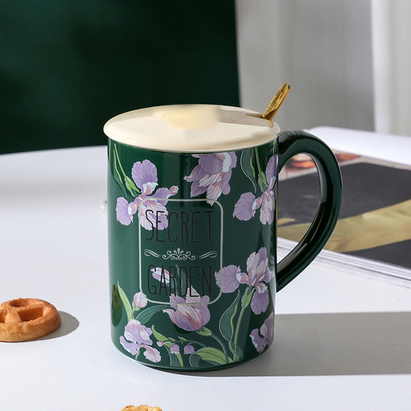 2X High-Fired Ceramic Porcelain Mug Set with Lid 400ml Vintage Floral Tea Spoon GREEN
