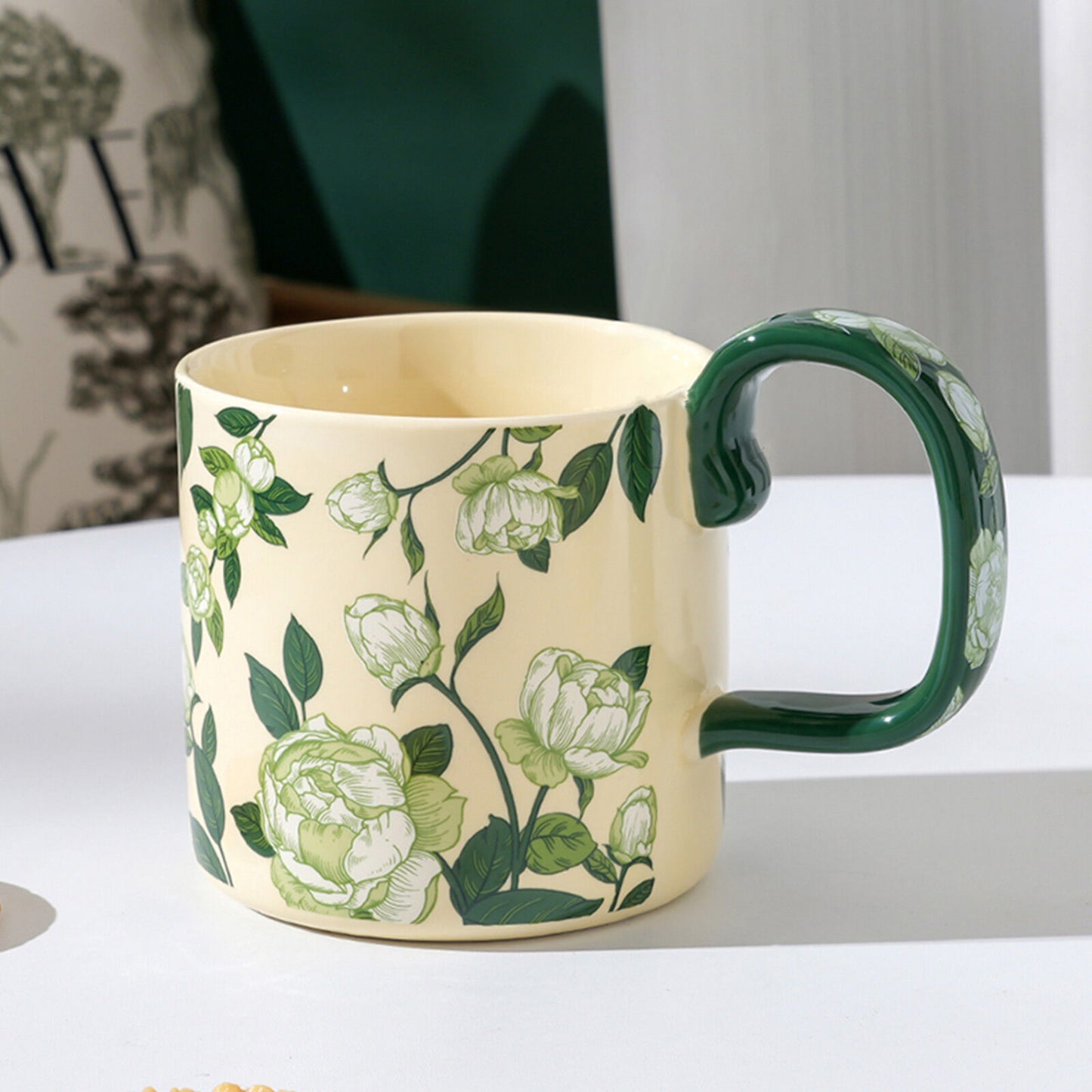 2X High-Fired Ceramic Porcelain Mug Set with Lid 400ml Vintage Floral Tea Spoon GREEN