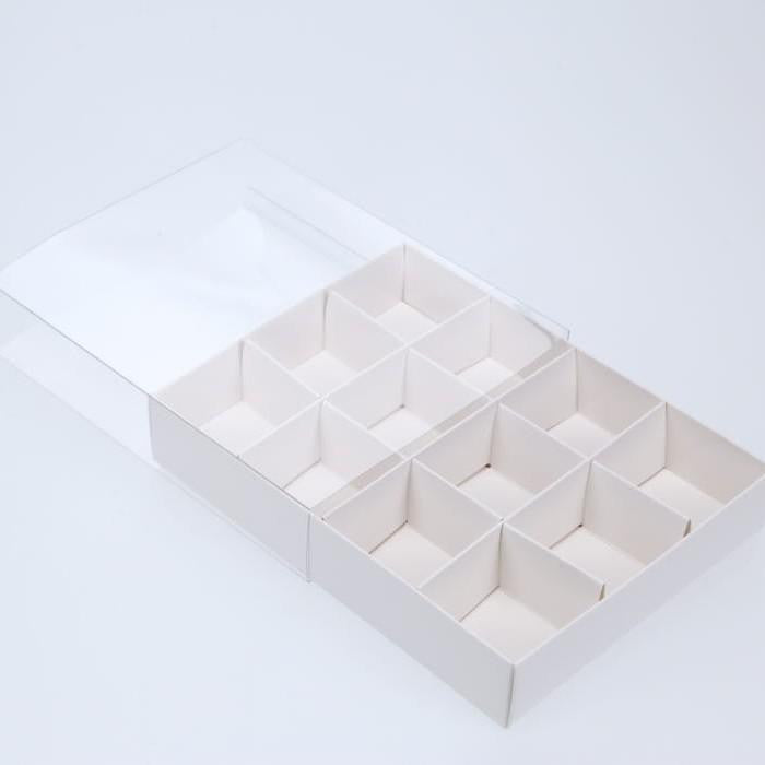 100 Pack of White Card Chocolate Sweet Soap Product Retail Gift Box - 12 bay 4x4x3cm Compartments - Clear Slide On Lid - 16x12x3cm