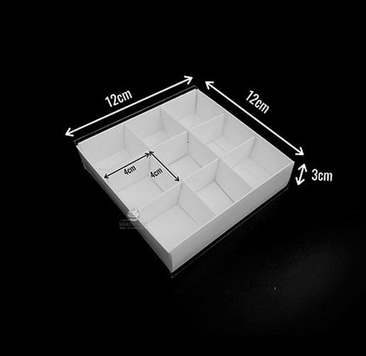100 Pack of White Card Chocolate Sweet Soap Product Retail Gift Box - 9 bay 4x4x3cm Compartments - Clear Slide On Lid - 12x12x3cm