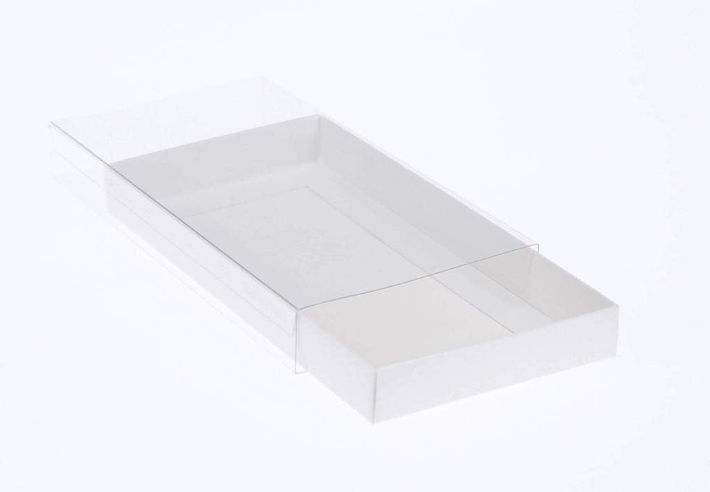 100 Pack of White Card Box - Clear Slide On Lid - 17 x 25 x 5cm - Large Beauty Product Gift Giving Hamper Tray Merch Fashion Cake Sweets Xmas