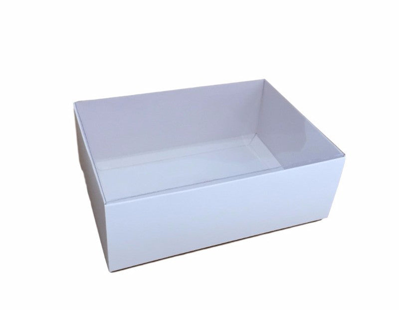100 Pack of White Card Box - Clear Slide On Lid - 17 x 25 x 5cm - Large Beauty Product Gift Giving Hamper Tray Merch Fashion Cake Sweets Xmas