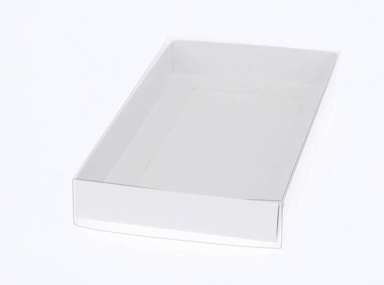 100 Pack of White Card Square Box - Clear Slide On Lid - 20 x 20 x 8cm - Large Beauty Product Gift Giving Hamper Tray Merch Fashion Cake Sweets Xmas