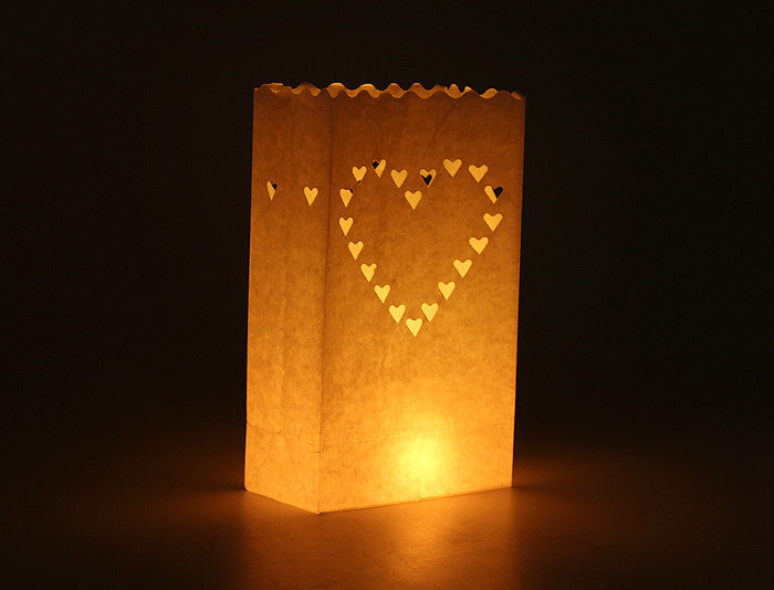 50 Pack White Heart Luminary Paper Candle Tea Light Lantern Bags Garden Wedding Anniversary Birthday Night Decorations Evening Party