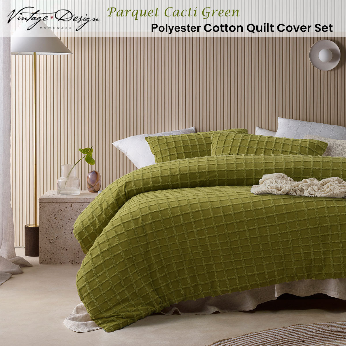 Vintage Design Homewares Parquet Cacti Green Polyester Cotton Quilt Cover Set Queen