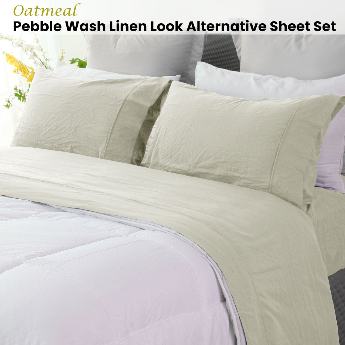 Ramesses Oatmeal Pebble Wash Linen Look Alternative Sheet Set Single