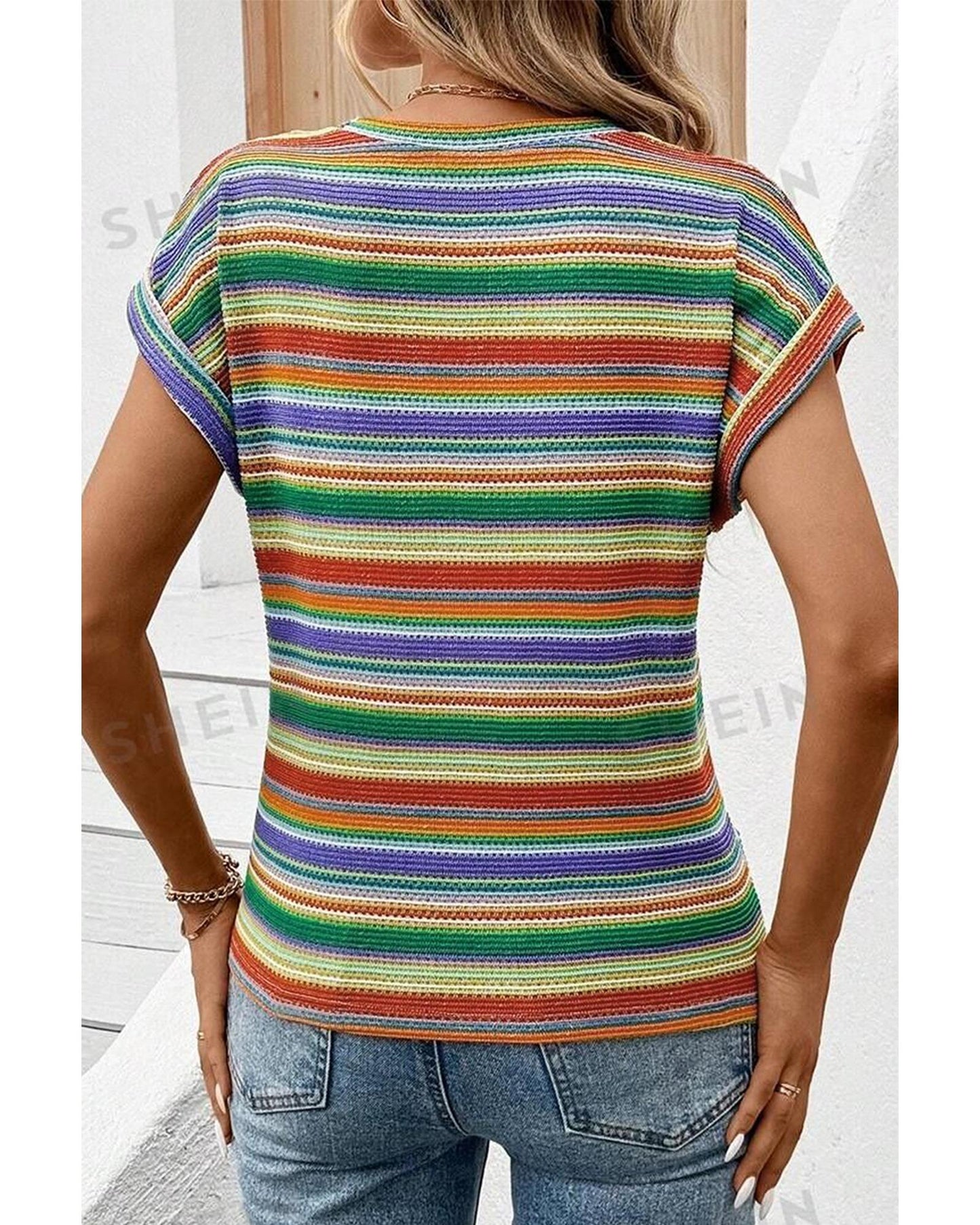 Multicolour Striped Pattern Twist Hem Short Sleeve Top - XL