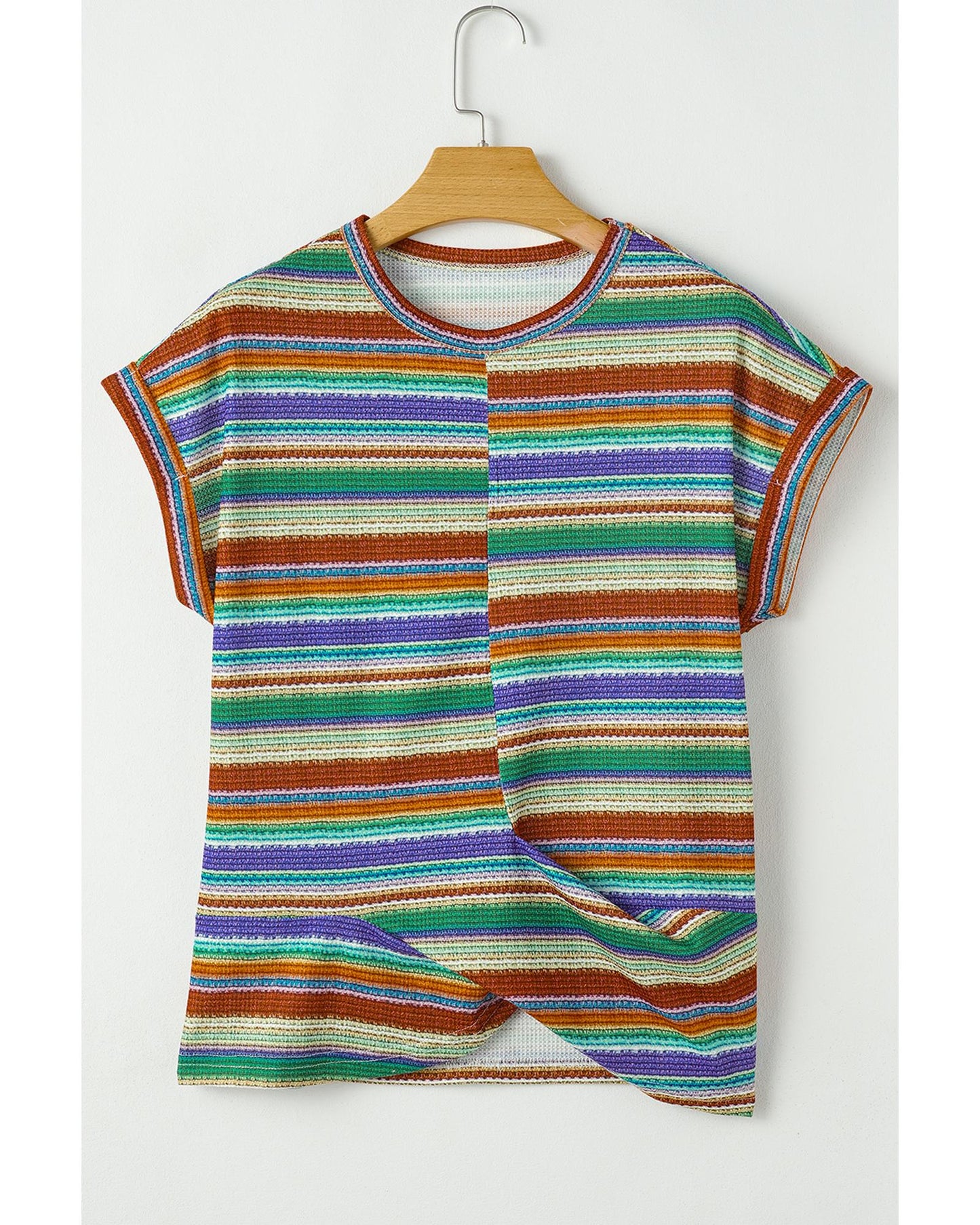 Multicolour Striped Pattern Twist Hem Short Sleeve Top - XL