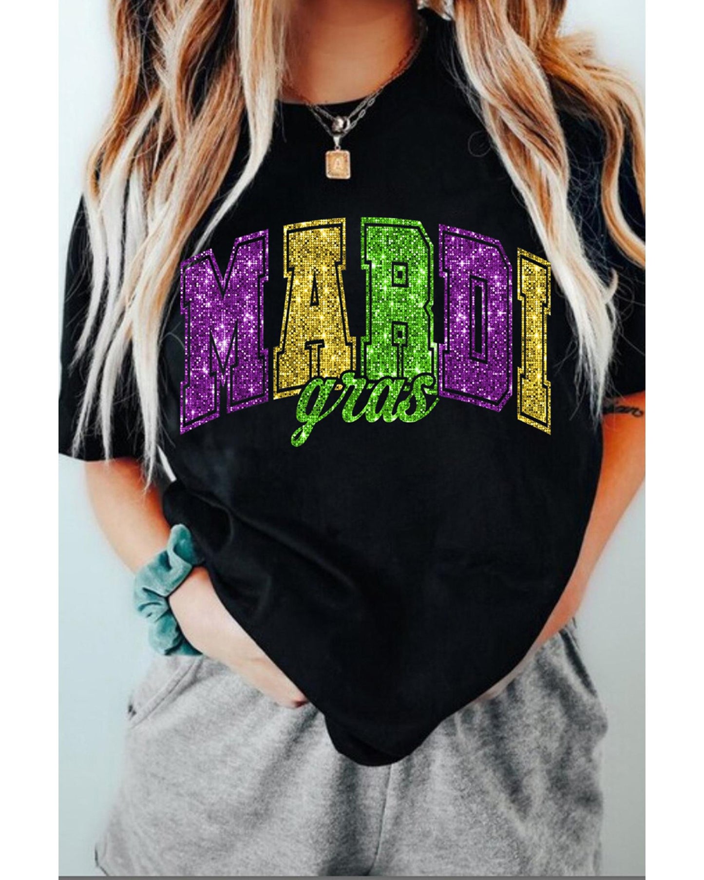 Black Mardi Gras Heat Transfer Graphic Holiday Tee - L