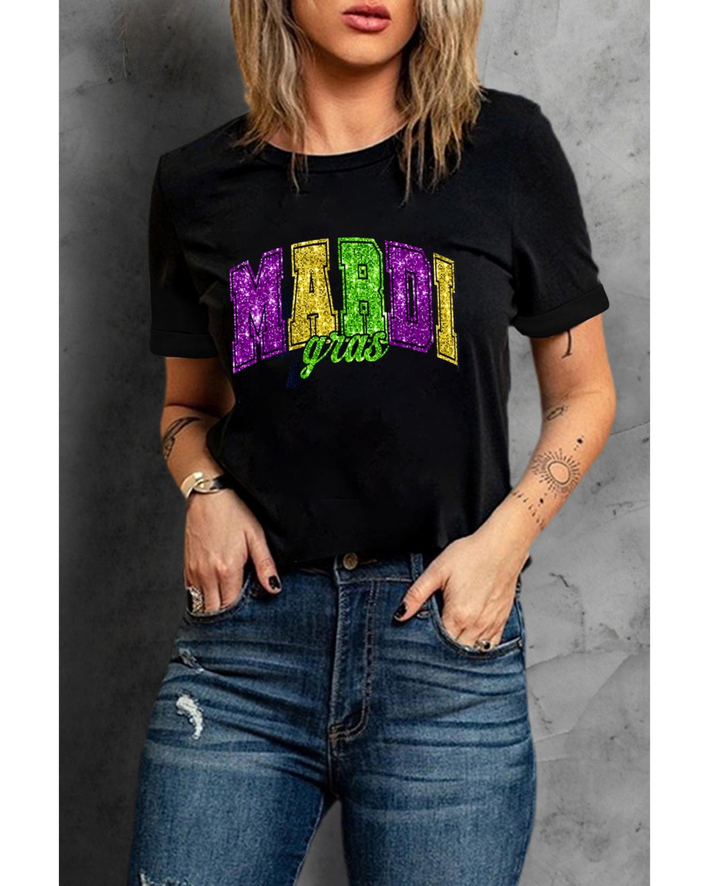 Black Mardi Gras Heat Transfer Graphic Holiday Tee - M