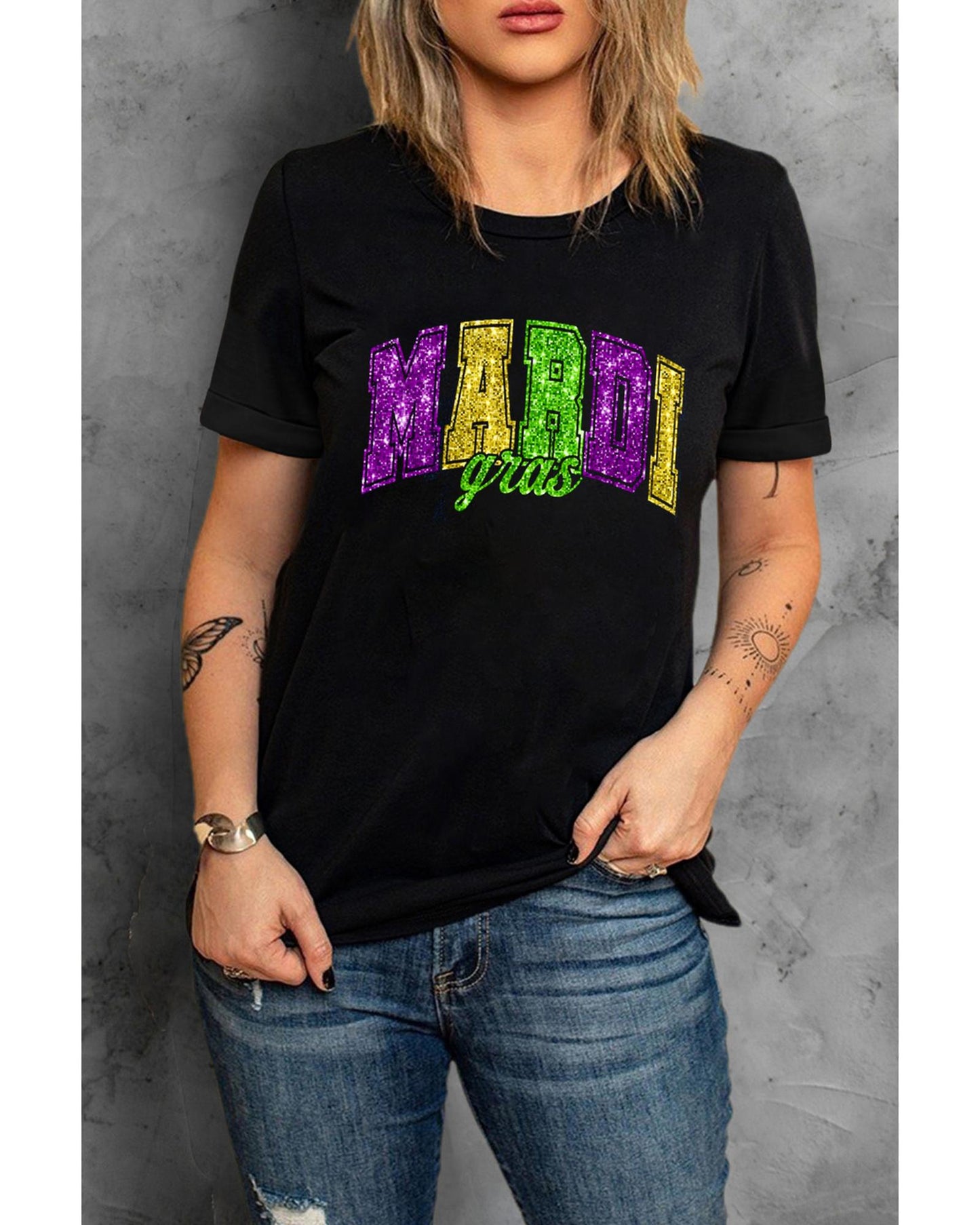Black Mardi Gras Heat Transfer Graphic Holiday Tee - XL