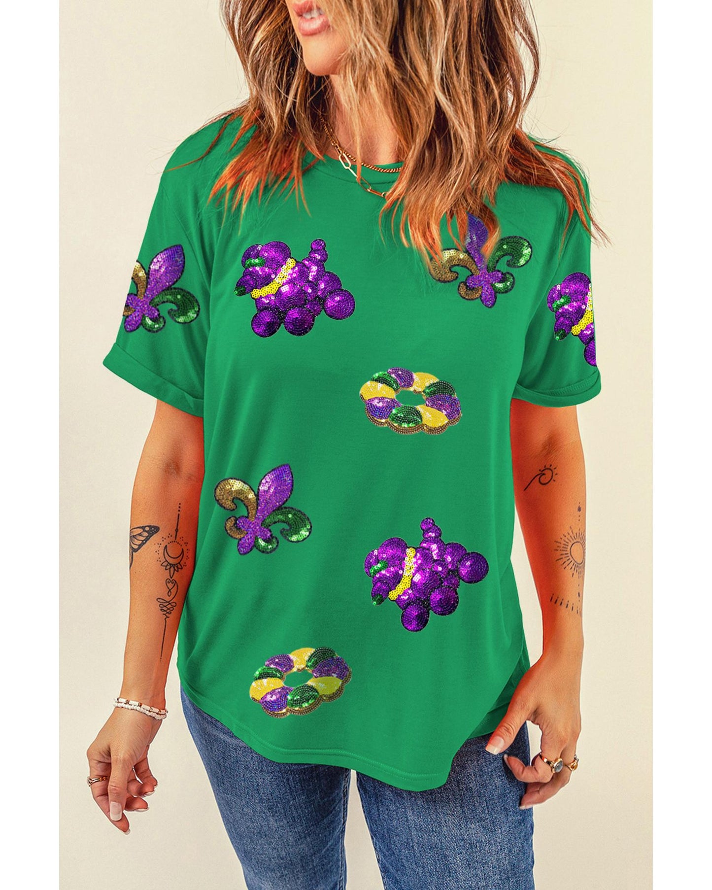 Bright Green Mardi Gras Sequin Patched Graphic Tee - 3XL