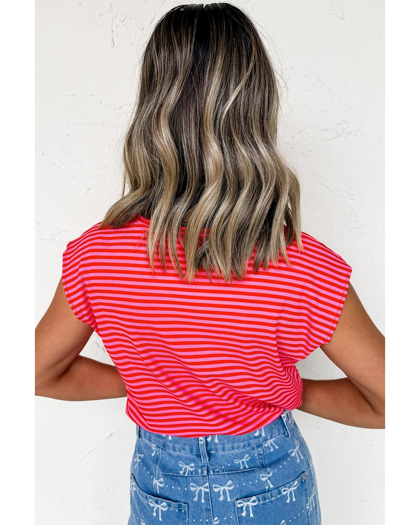 Red Stripe Ribbed Cap Sleeve Round Neck T Shirt - M