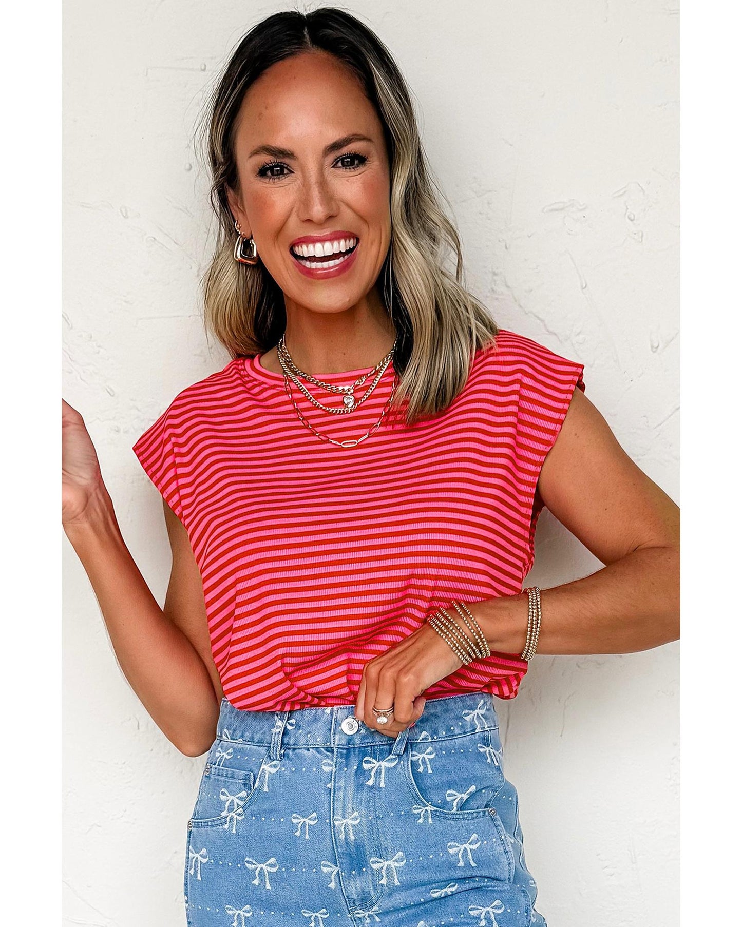 Red Stripe Ribbed Cap Sleeve Round Neck T Shirt - M