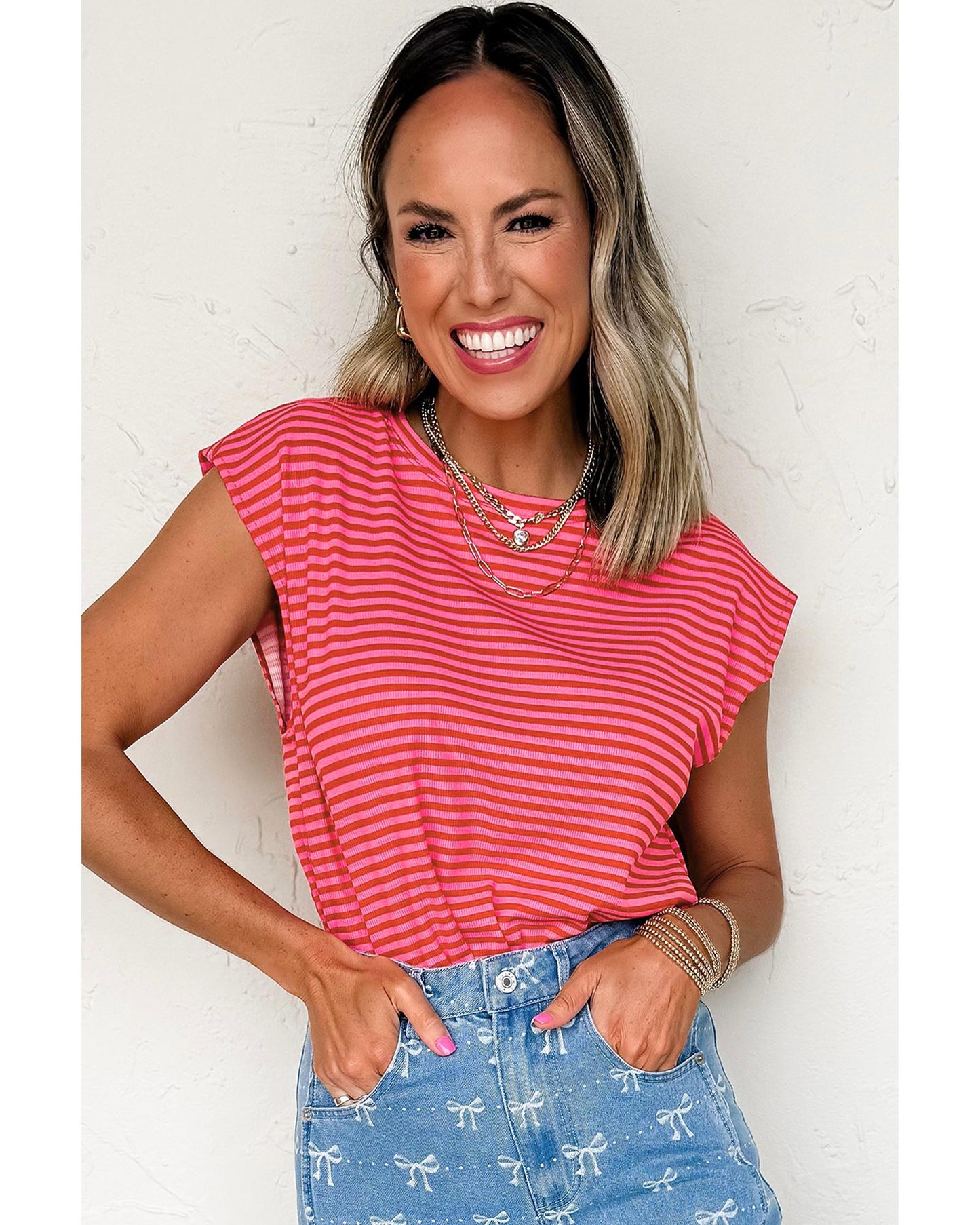 Red Stripe Ribbed Cap Sleeve Round Neck T Shirt - M