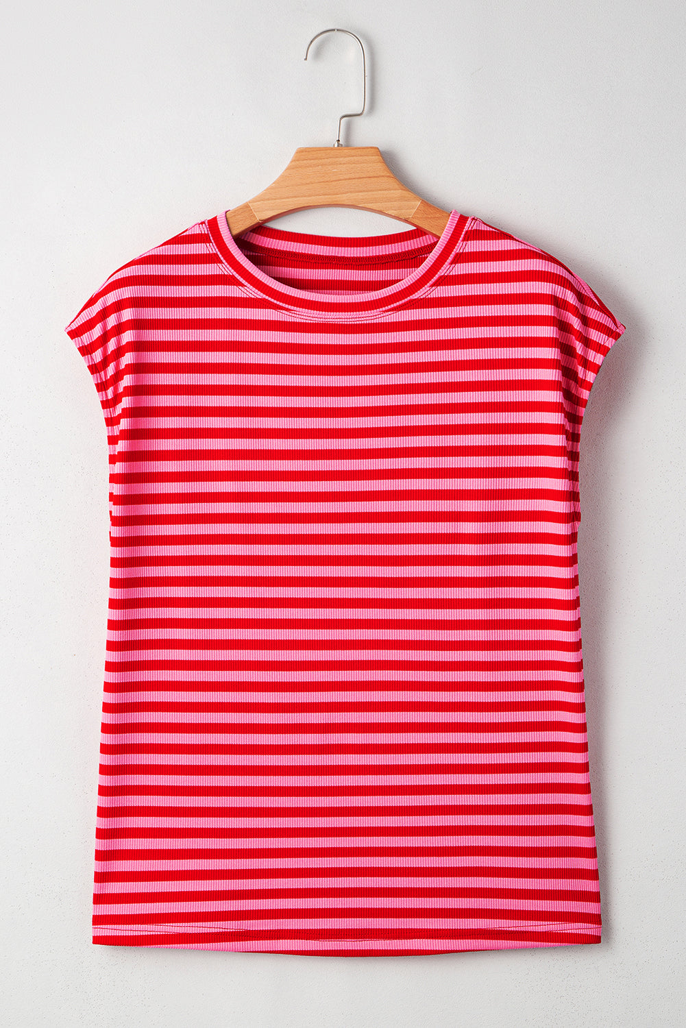 Red Stripe Ribbed Cap Sleeve Round Neck T Shirt - M