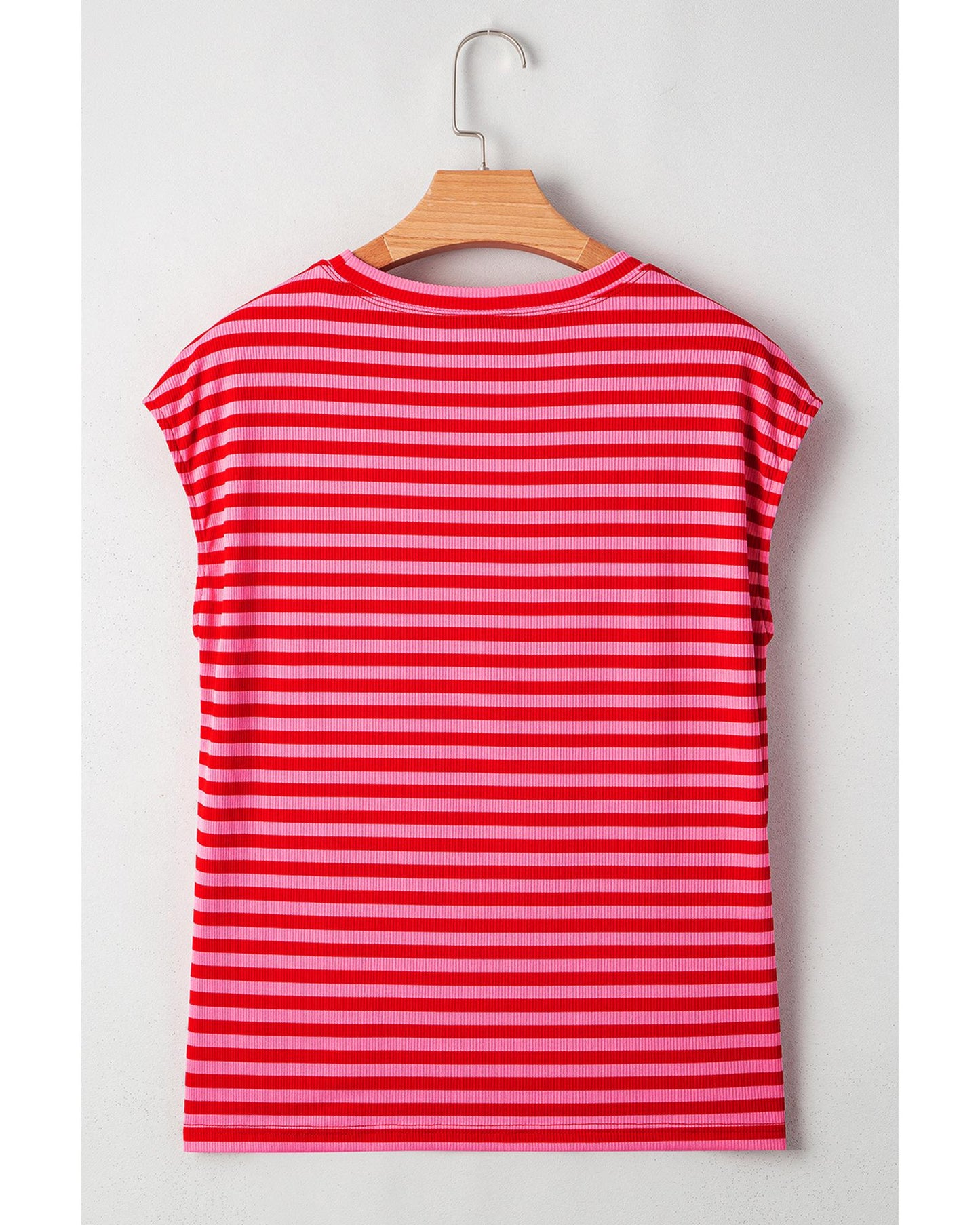 Red Stripe Ribbed Cap Sleeve Round Neck T Shirt - M