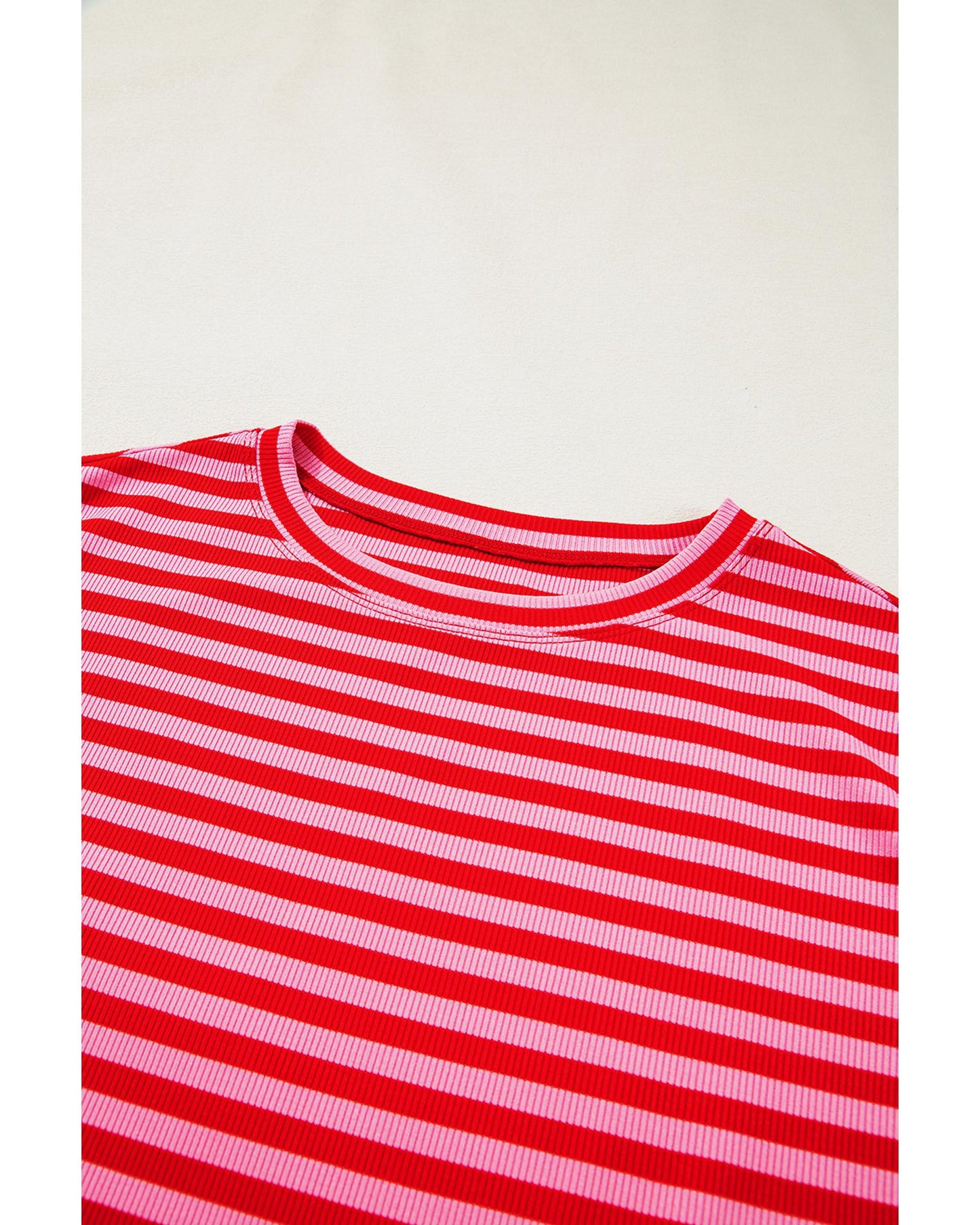 Red Stripe Ribbed Cap Sleeve Round Neck T Shirt - M