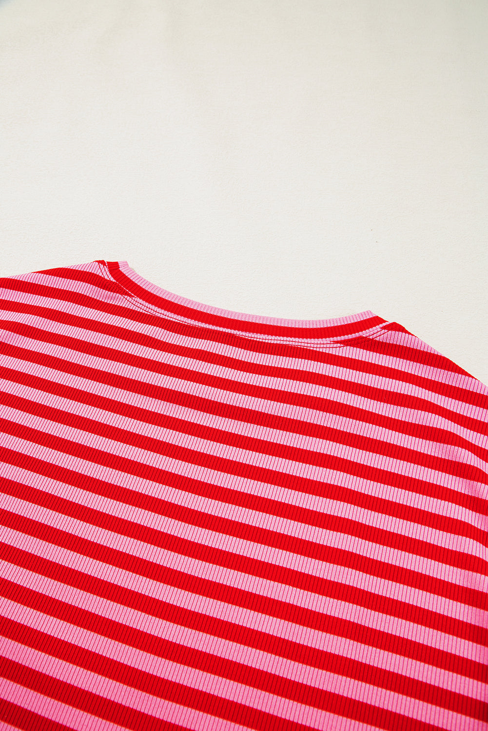 Red Stripe Ribbed Cap Sleeve Round Neck T Shirt - M