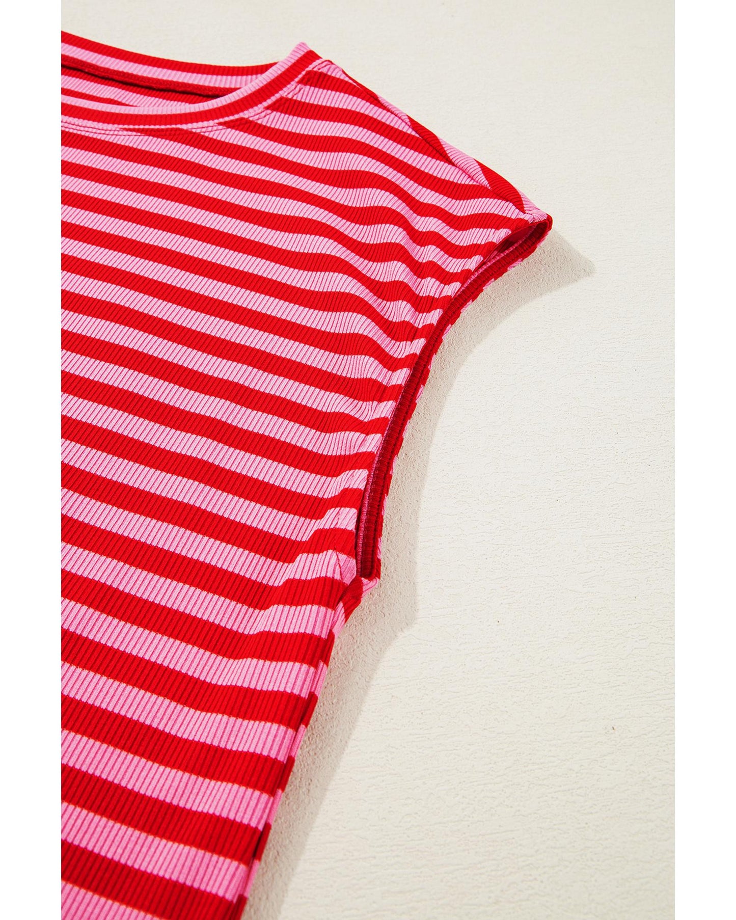 Red Stripe Ribbed Cap Sleeve Round Neck T Shirt - M