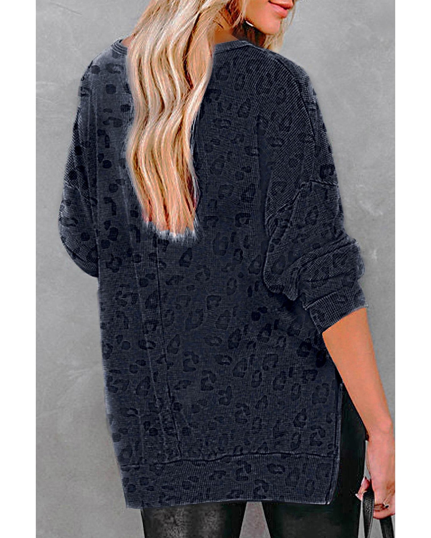 Gray Leopard Print Button Split Neck Waffle Sweatshirt - S