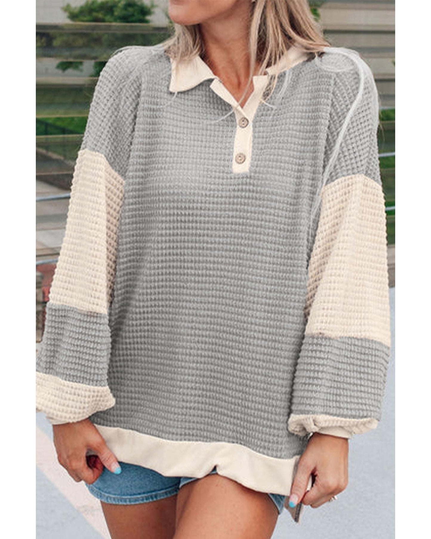 Khaki Textured Colorblock Collared Henley Top - XL