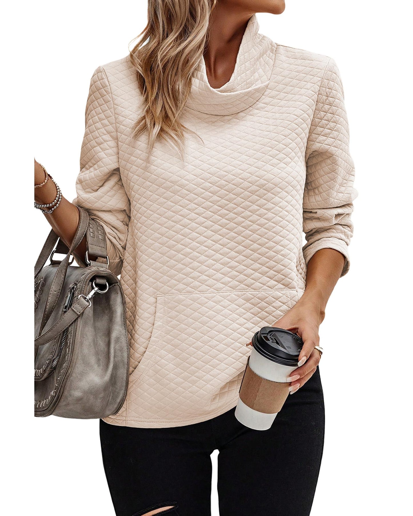 Apricot High Neck Kangaroo Pocket Quilted Sweatshirt - S