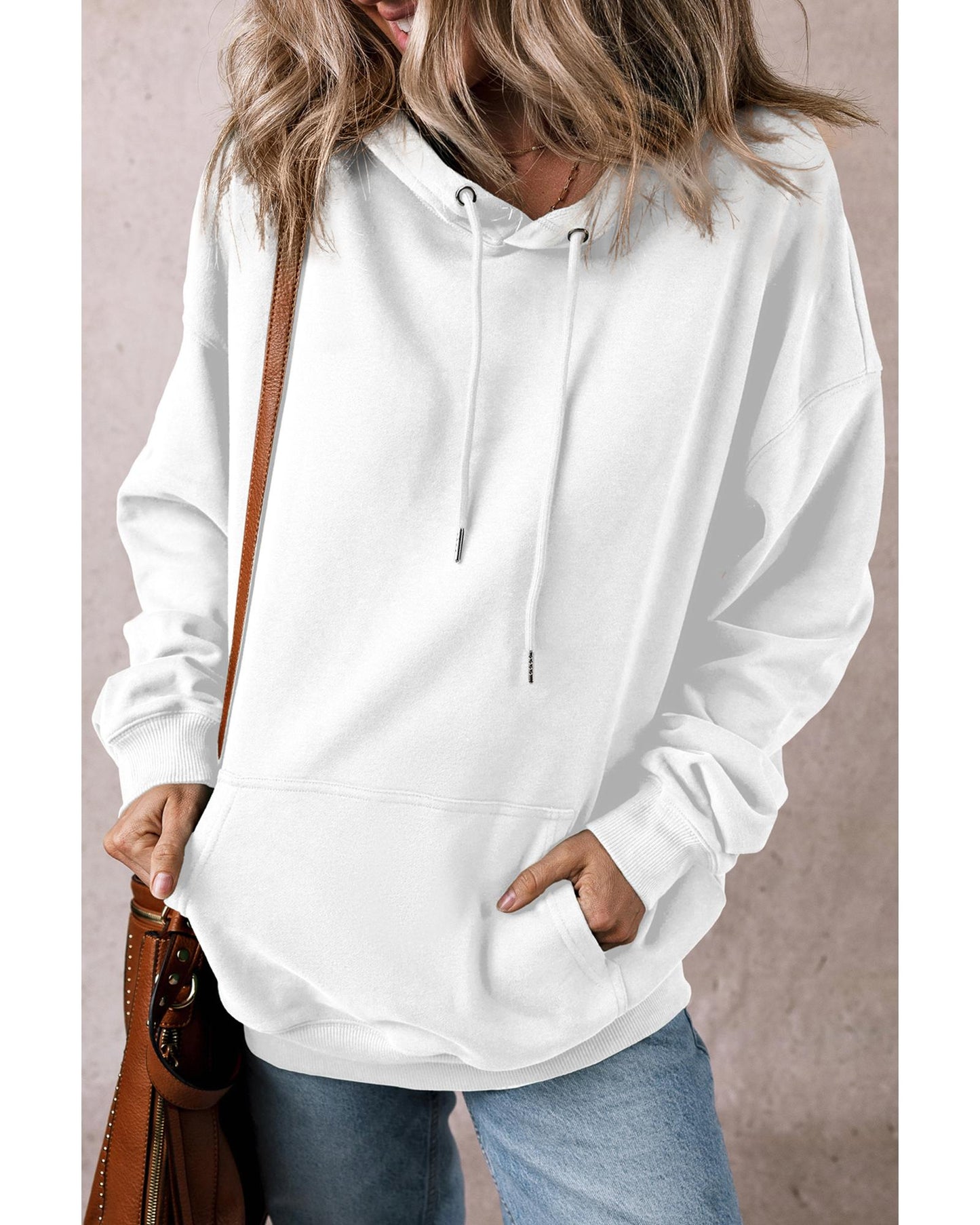 White Fleece Lined Kangaroo Pocket Drawstring Chunky Hoodie - M