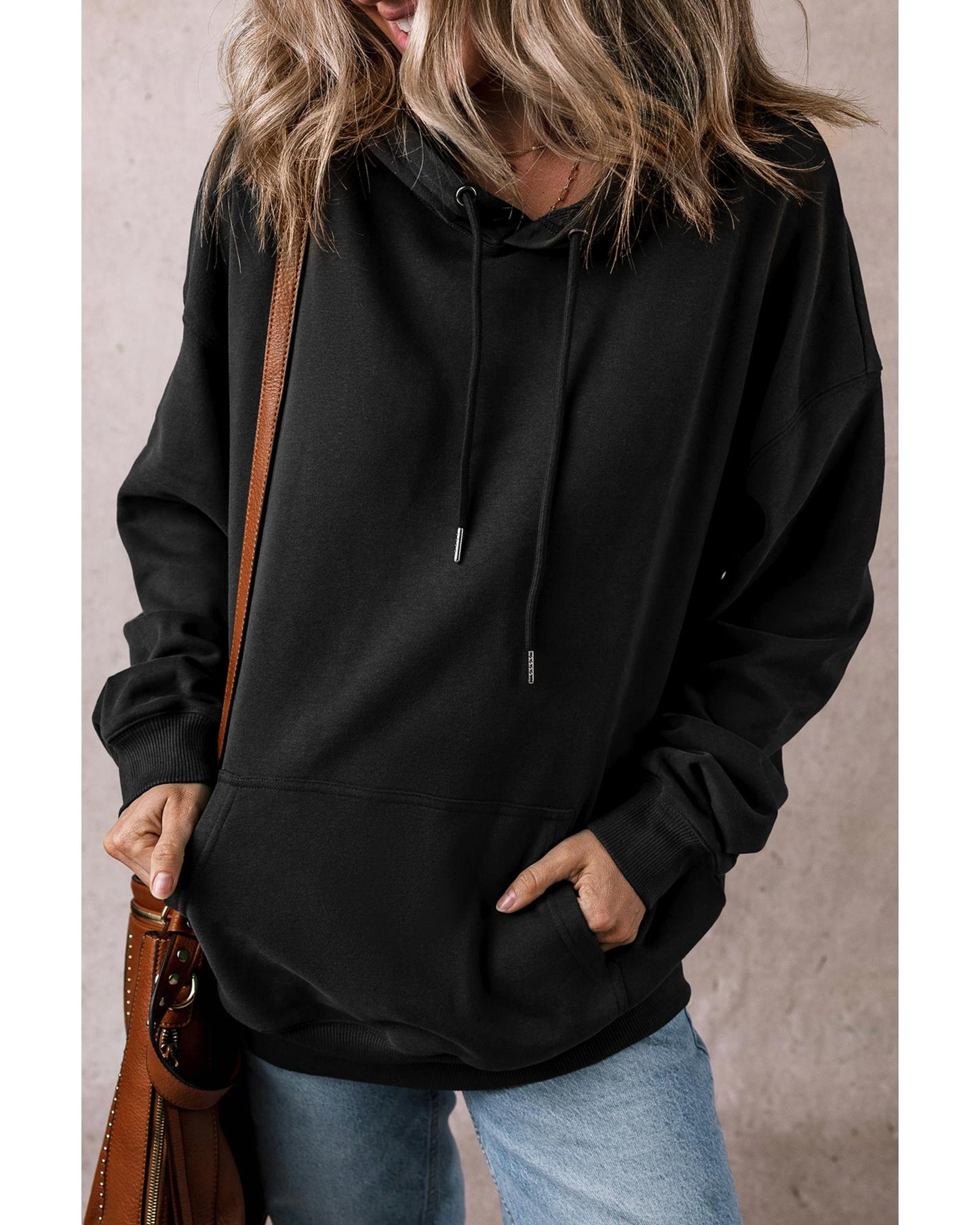Black Fleece Lined Kangaroo Pocket Drawstring Chunky Hoodie - M