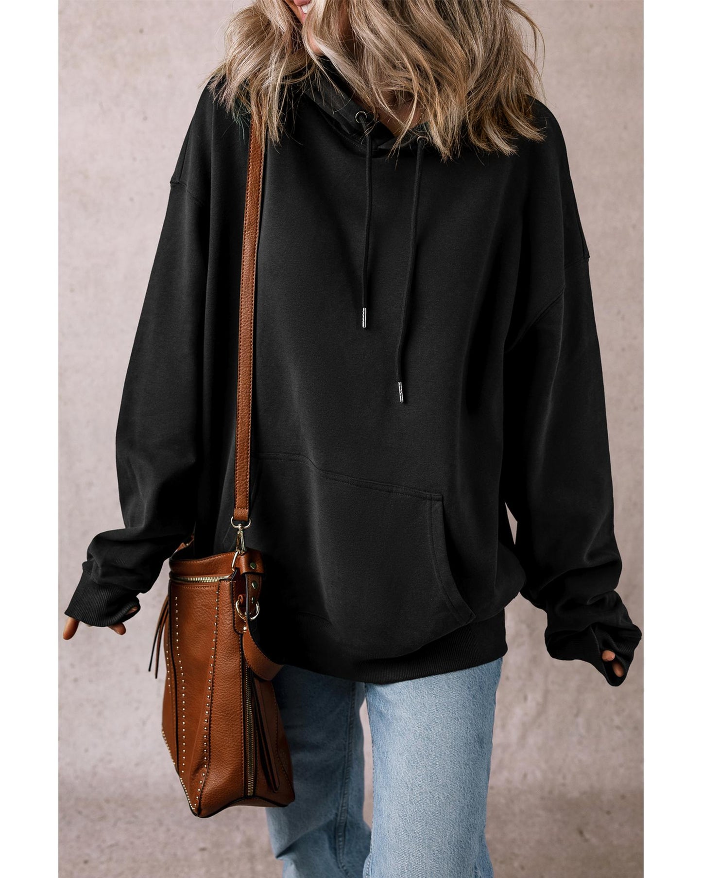 Black Fleece Lined Kangaroo Pocket Drawstring Chunky Hoodie - M