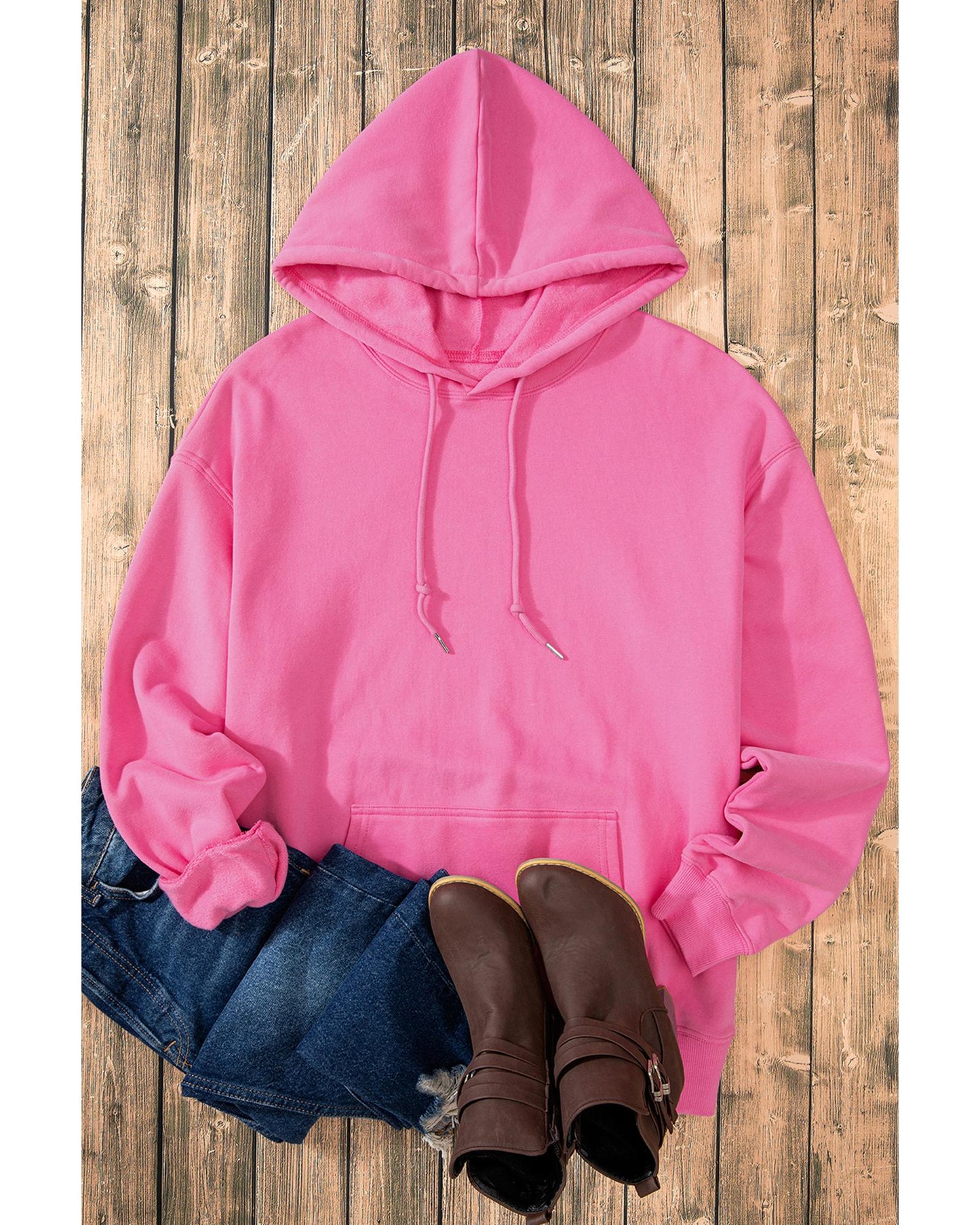 Bonbon Fleece Lined Kangaroo Pocket Drawstring Chunky Hoodie - S