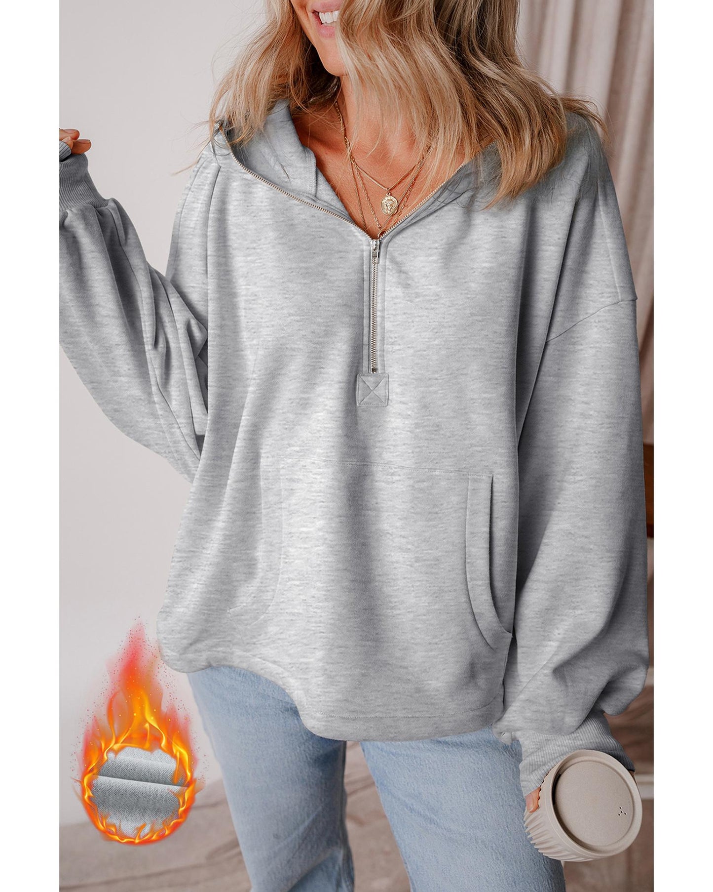 Light Grey Fleece Lined Half Zipper Kangaroo Pockets Loose Hoodie - 2XL
