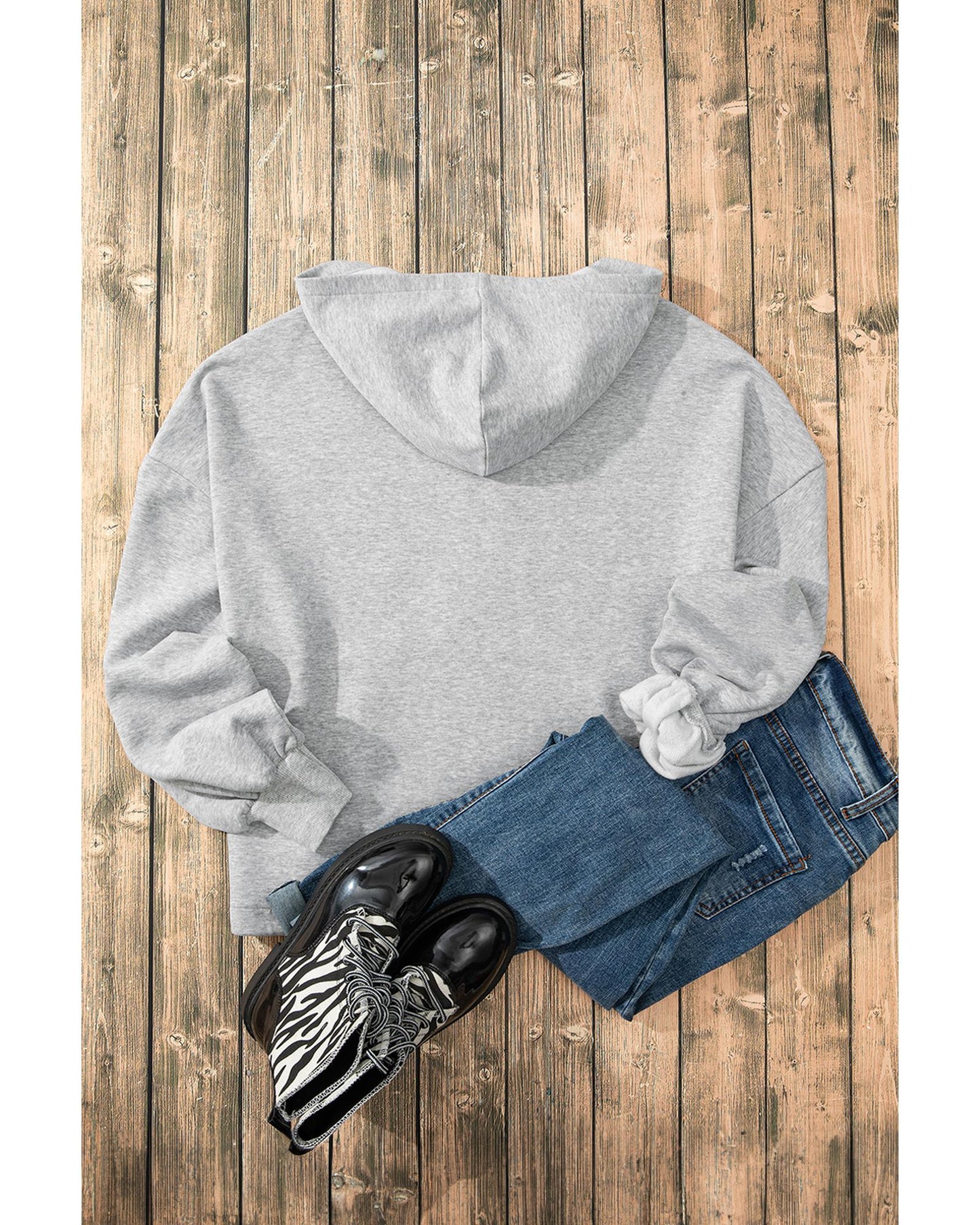 Light Grey Fleece Lined Half Zipper Kangaroo Pockets Loose Hoodie - L