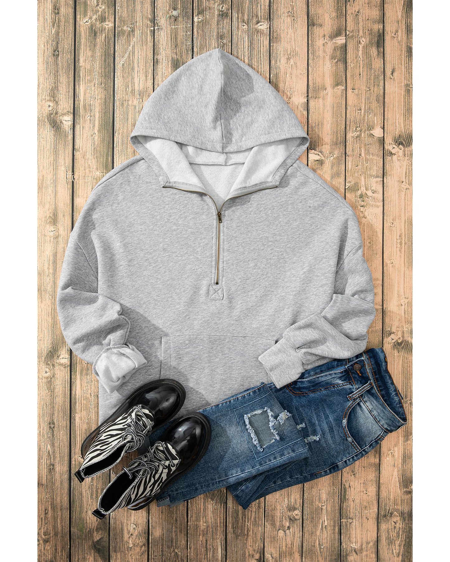 Light Grey Fleece Lined Half Zipper Kangaroo Pockets Loose Hoodie - M