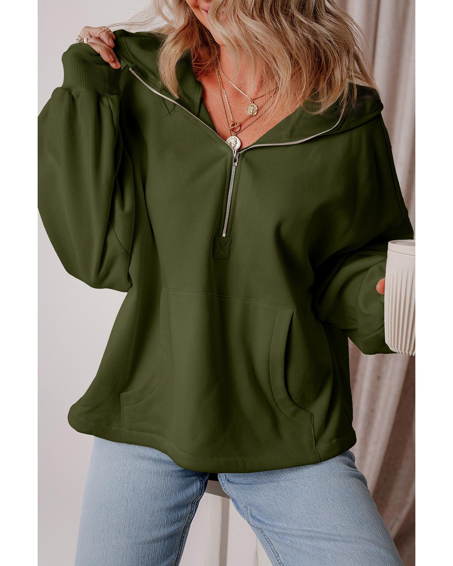 Moss Green Fleece Lined Half Zipper Kangaroo Pockets Loose Hoodie - M