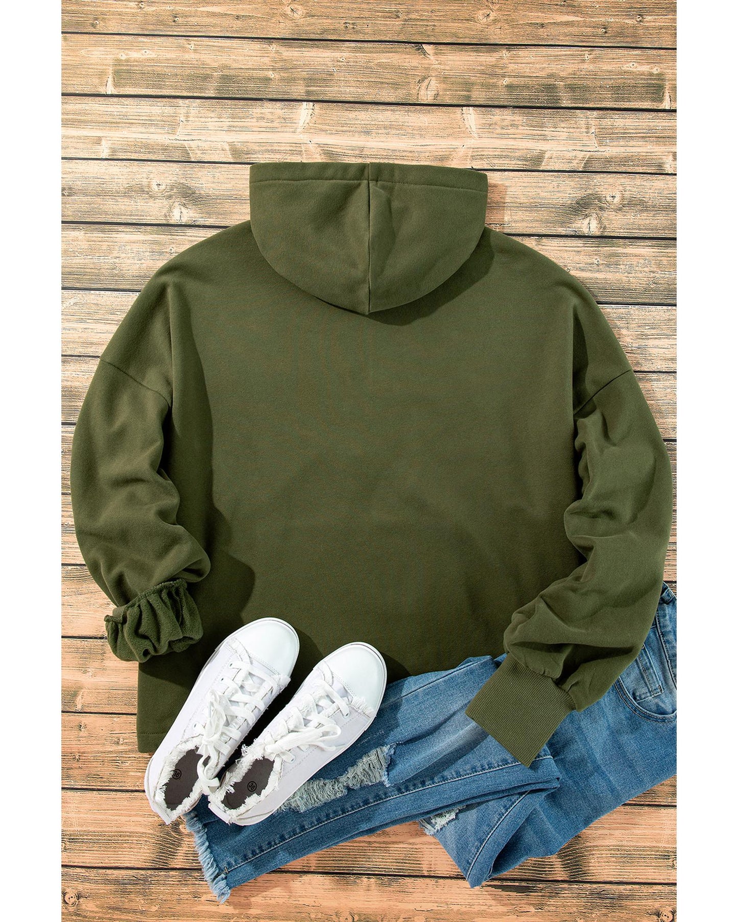 Moss Green Fleece Lined Half Zipper Kangaroo Pockets Loose Hoodie - M