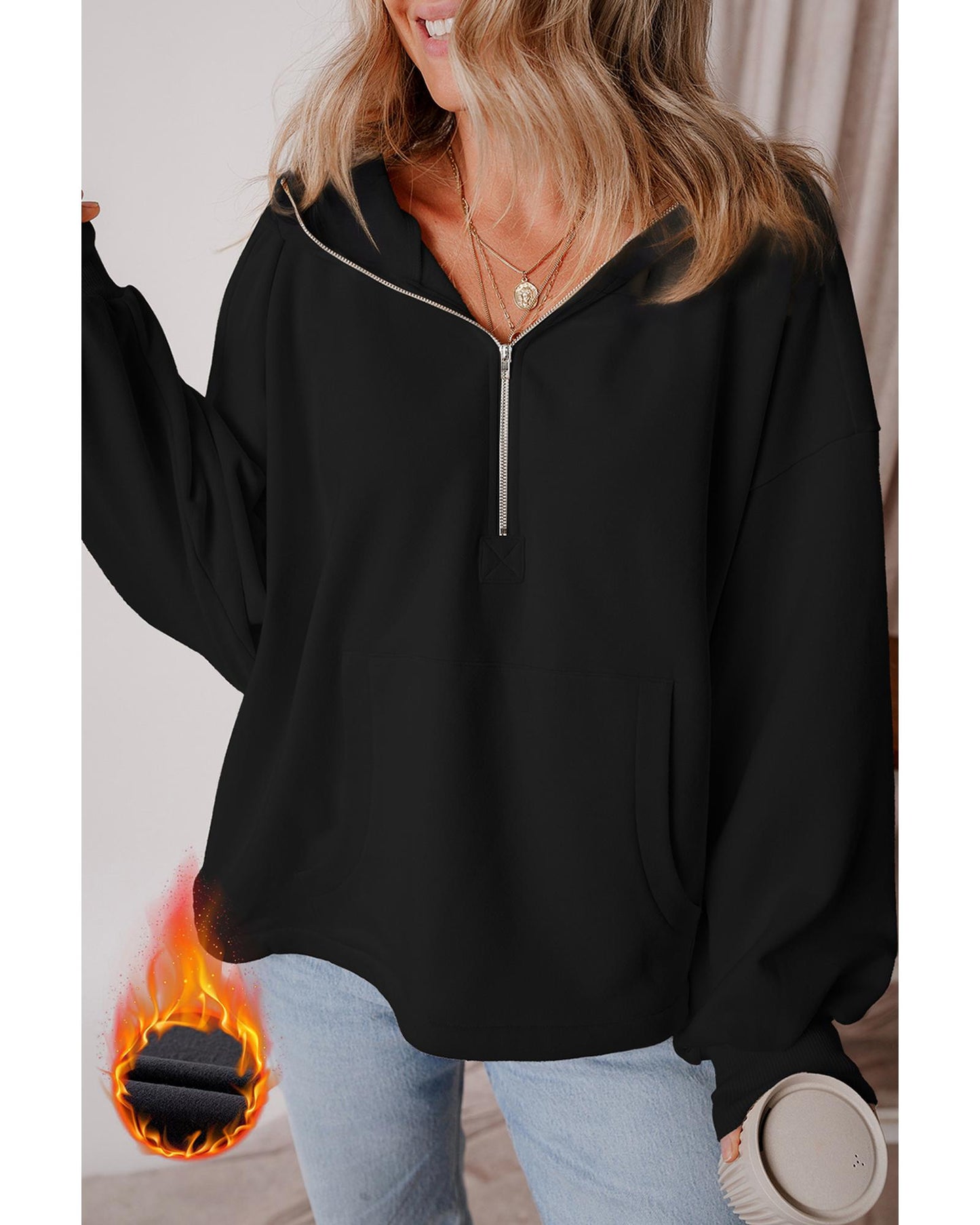 Black Fleece Lined Half Zipper Kangaroo Pockets Loose Hoodie - L