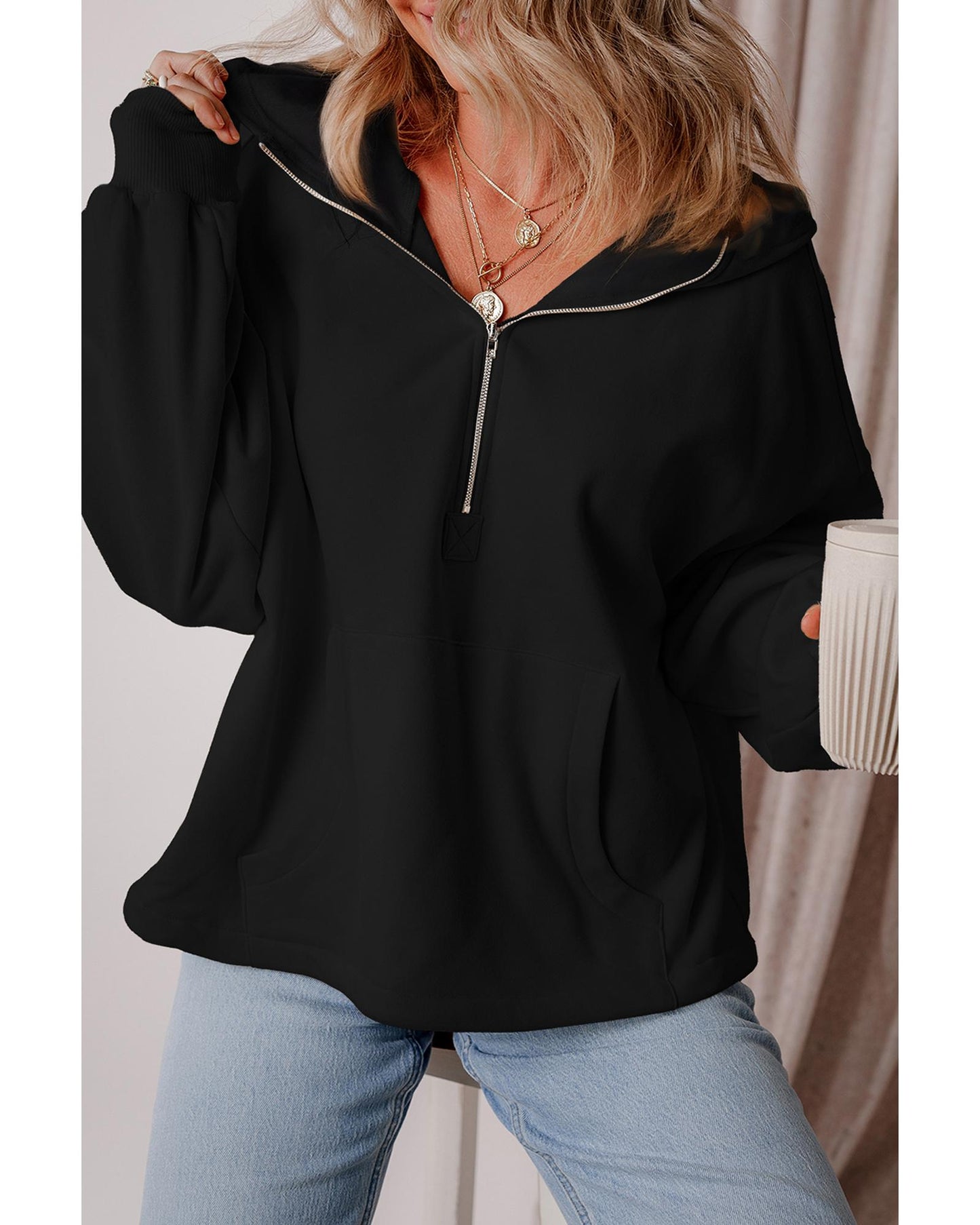 Black Fleece Lined Half Zipper Kangaroo Pockets Loose Hoodie - XL