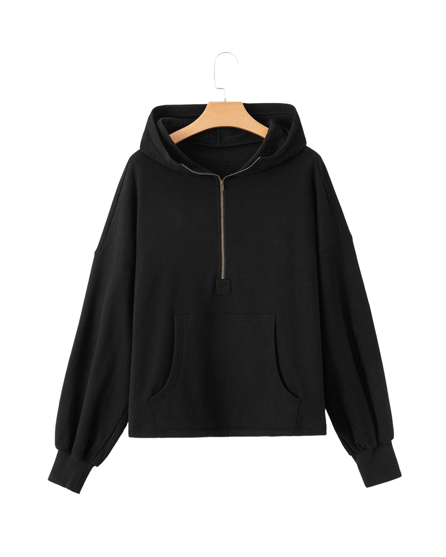 Black Fleece Lined Half Zipper Kangaroo Pockets Loose Hoodie - XL