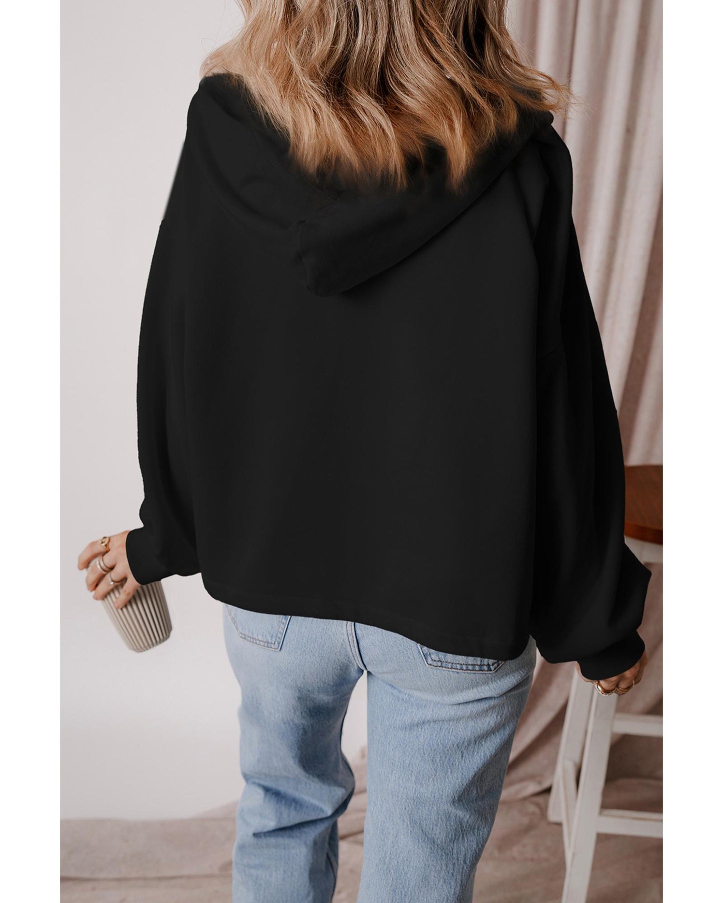 Black Fleece Lined Half Zipper Kangaroo Pockets Loose Hoodie - XL